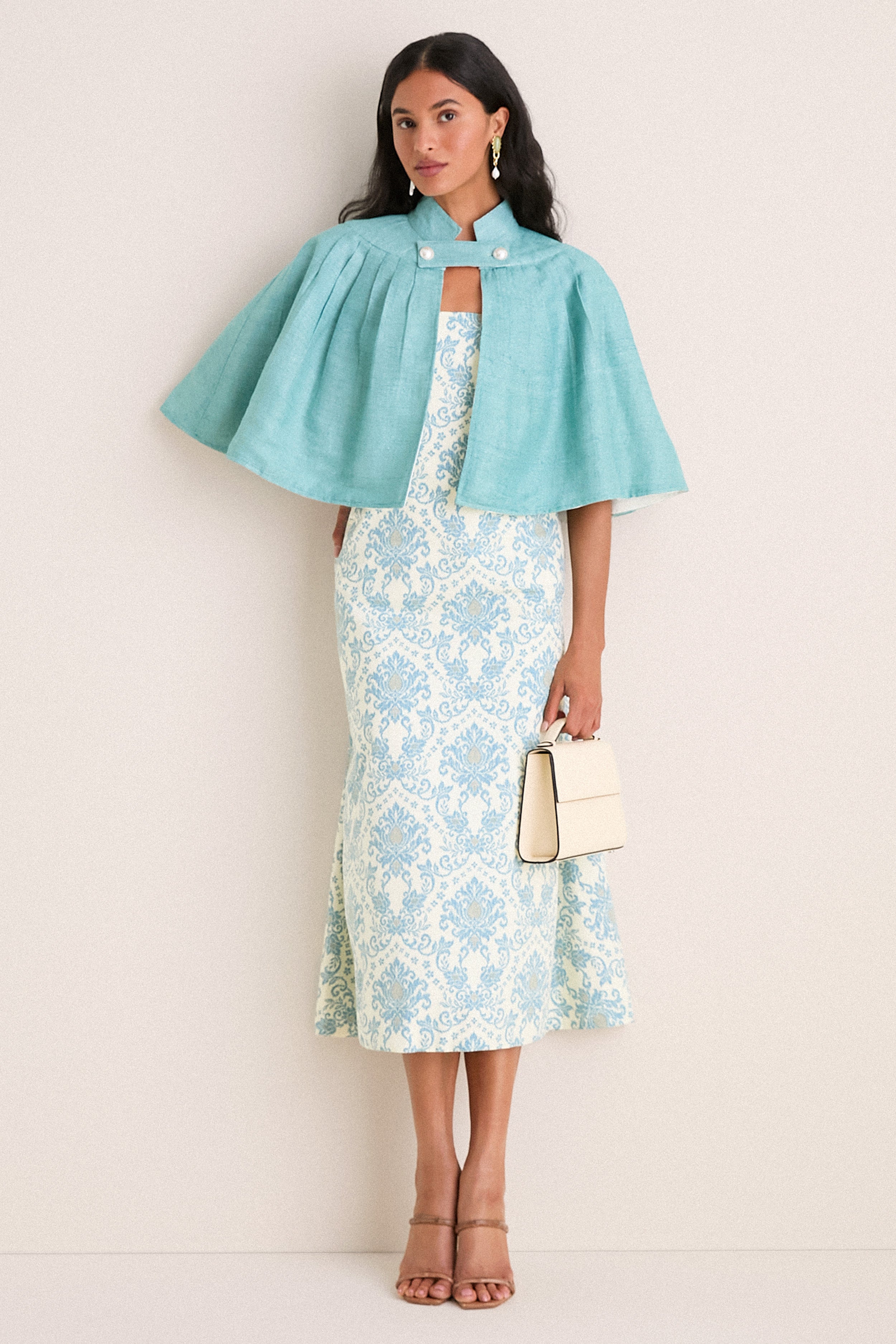 Exclusive Aqua Silk and Ivory Faille Reversible Cape