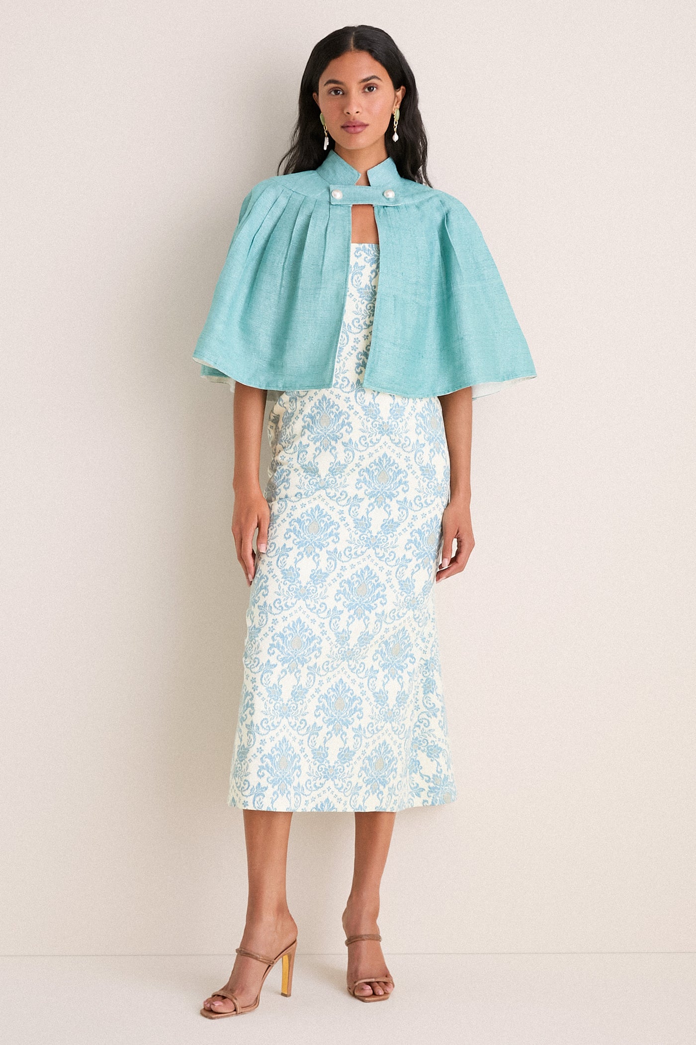 Exclusive Aqua Silk and Ivory Faille Reversible Cape