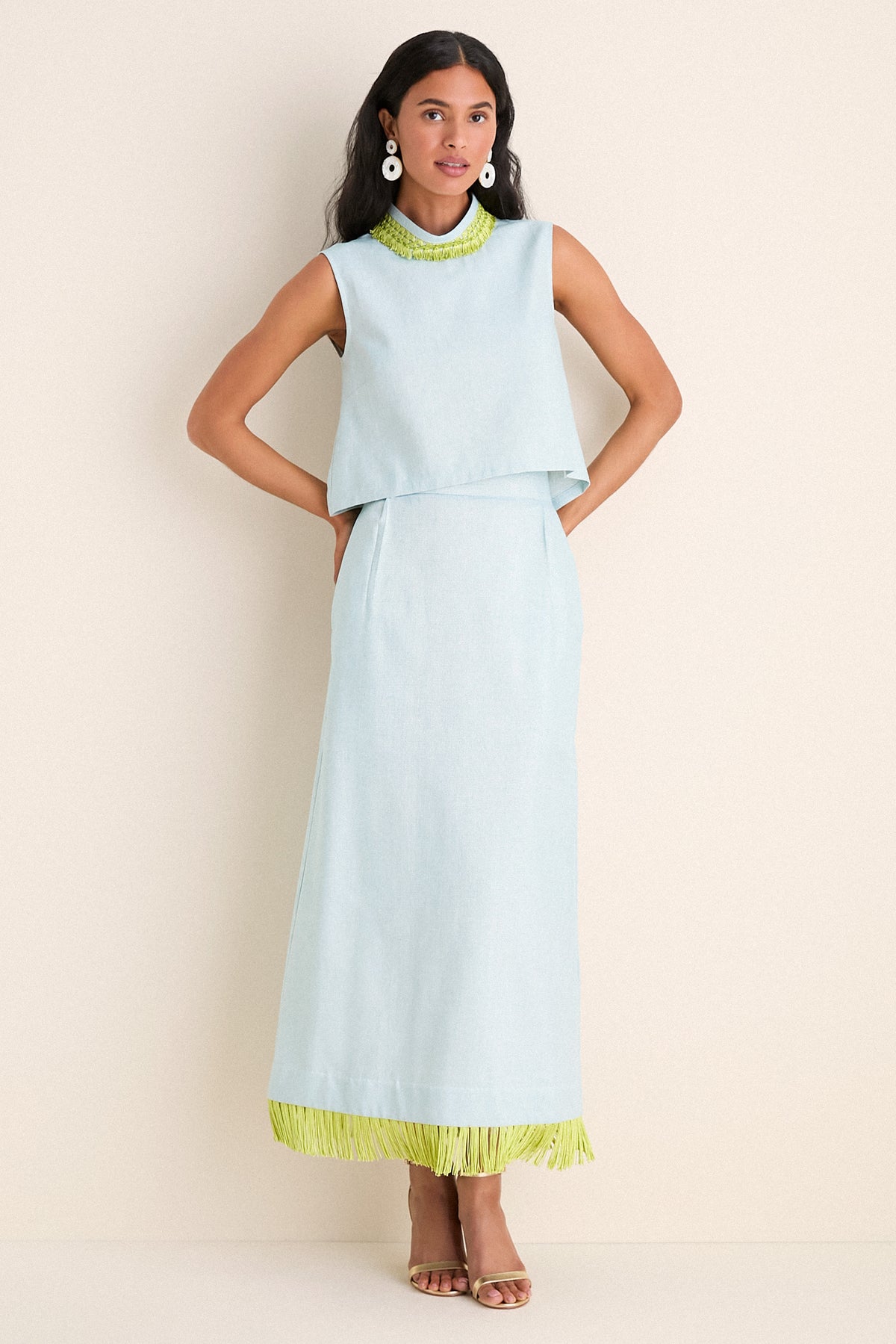 Exclusive Blue Shimmer Linen with Chartreuse Trim Hostess Set
