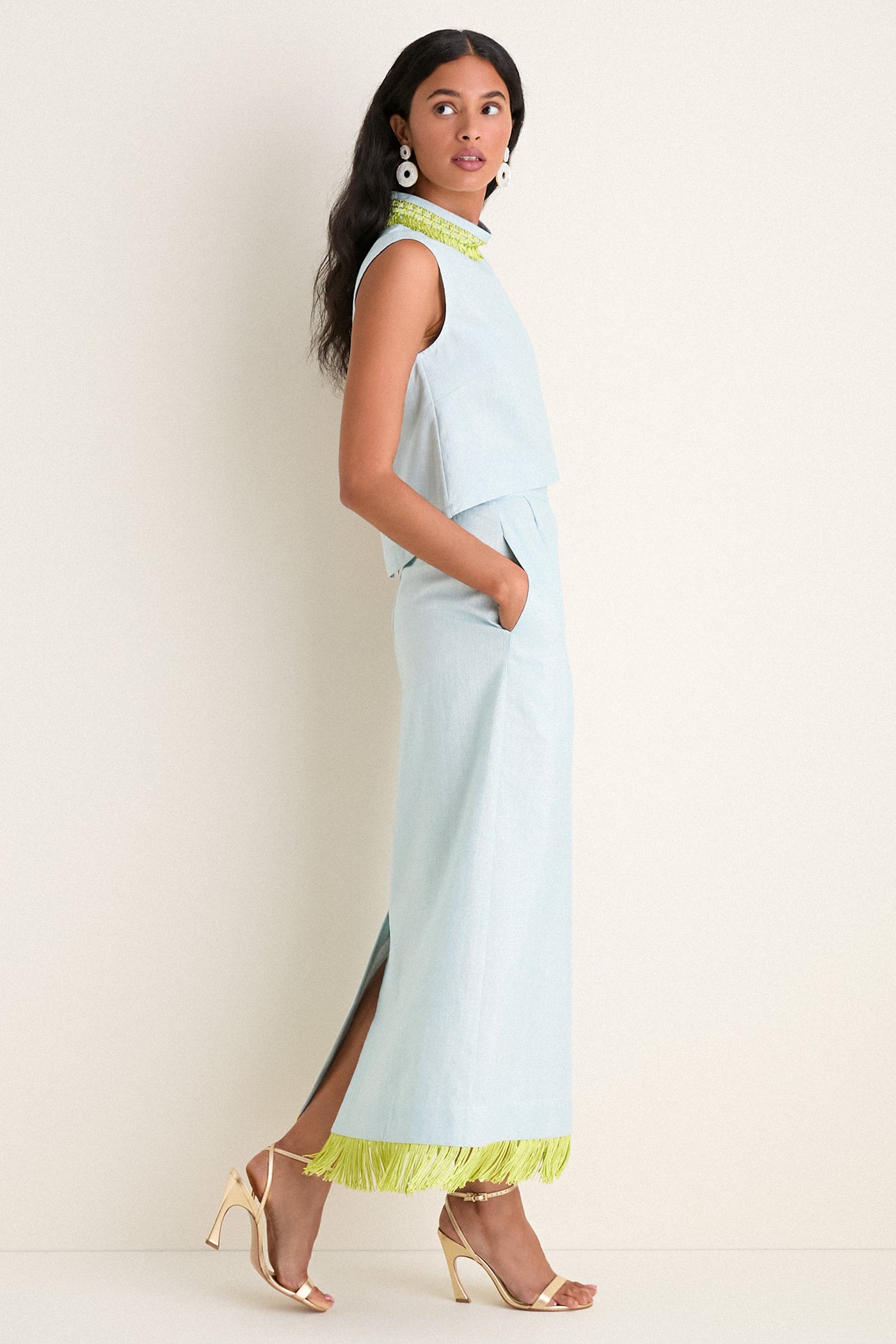 Exclusive Blue Shimmer Linen with Chartreuse Trim Hostess Set