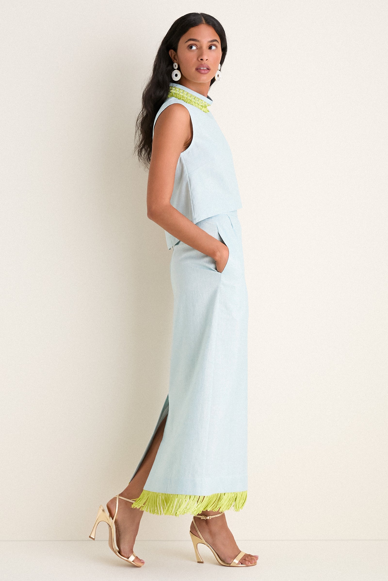 Exclusive Blue Shimmer Linen with Chartreuse Trim Hostess Set