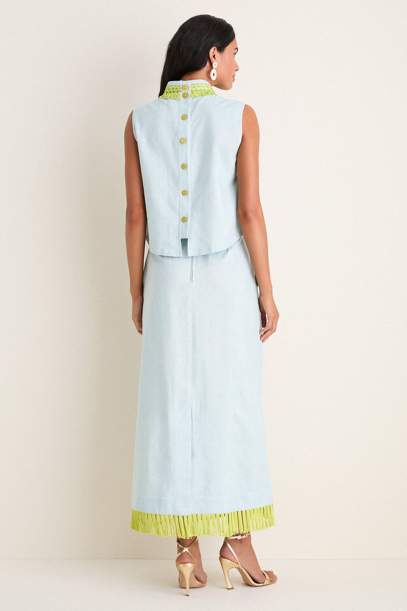 Exclusive Blue Shimmer Linen with Chartreuse Trim Hostess Set