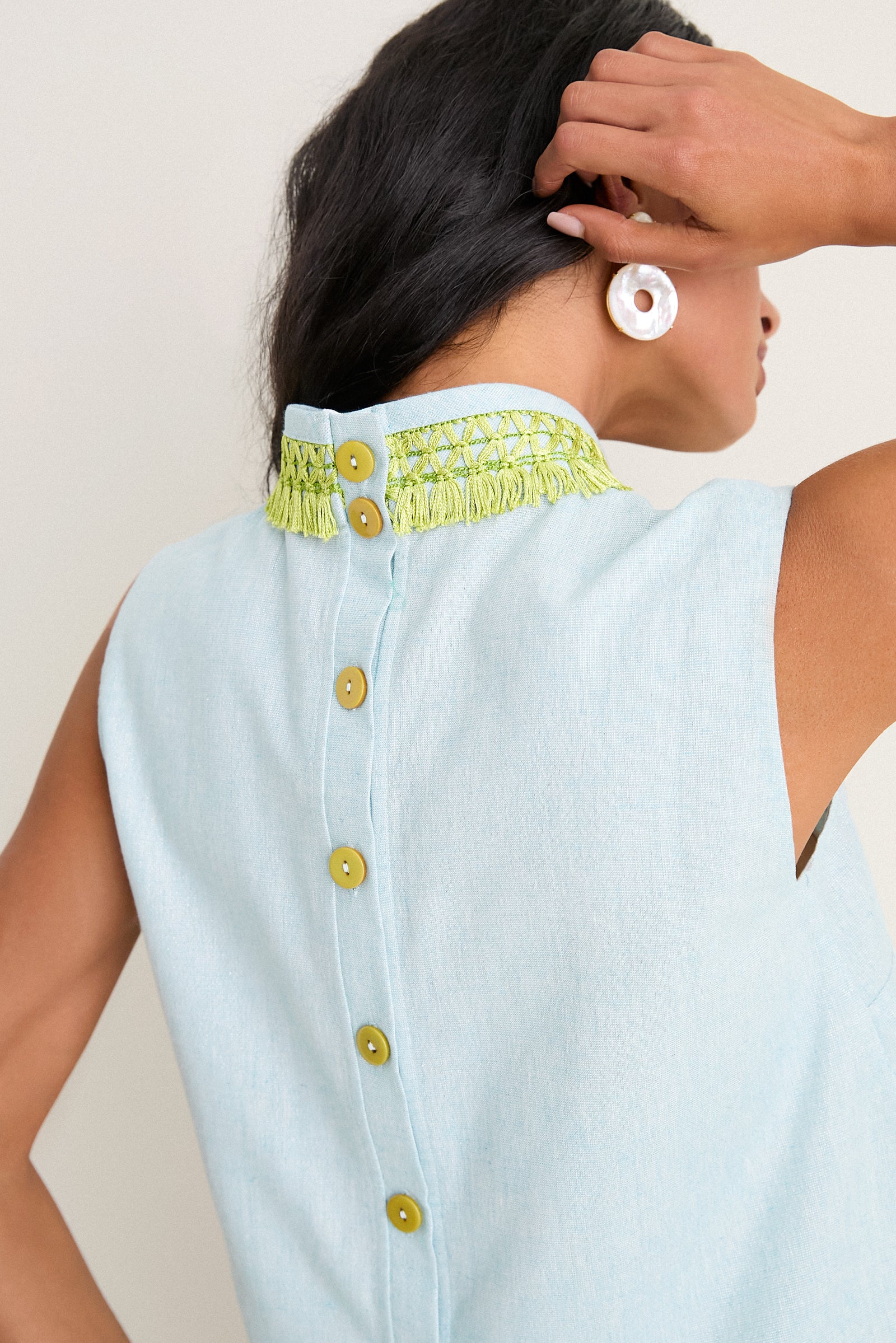 Exclusive Blue Shimmer Linen with Chartreuse Trim Hostess Set