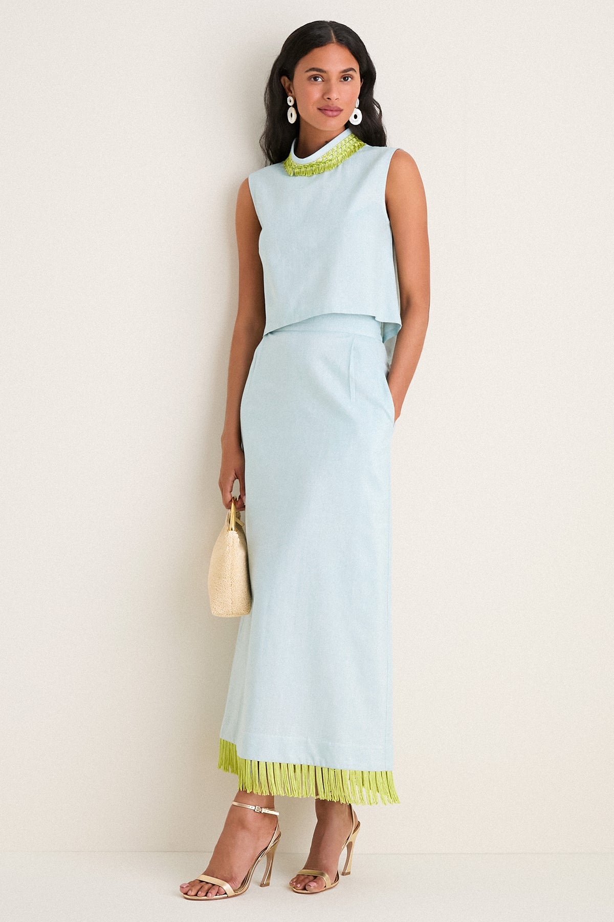 Exclusive Blue Shimmer Linen with Chartreuse Trim Hostess Set