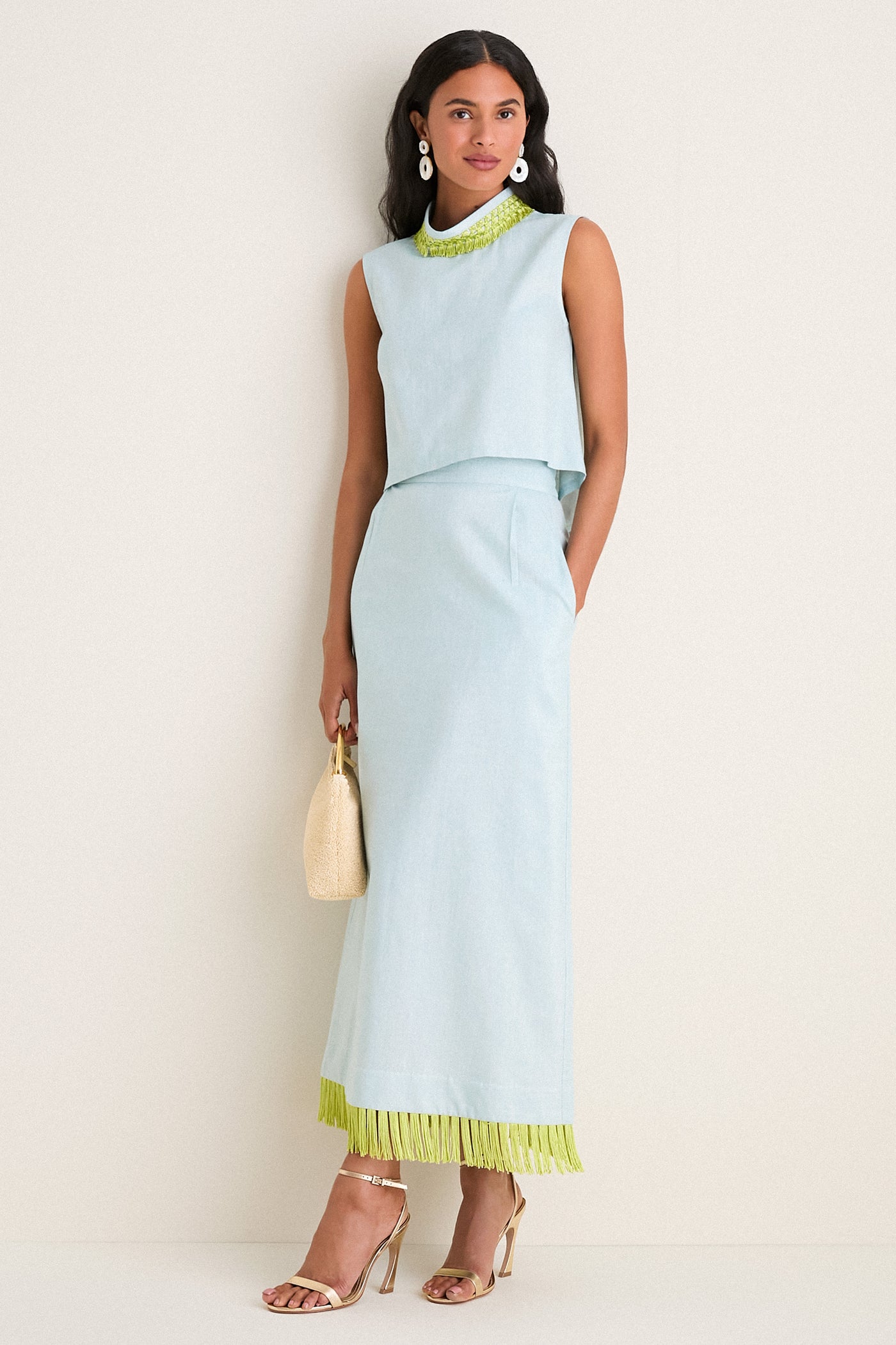 Exclusive Blue Shimmer Linen with Chartreuse Trim Hostess Set