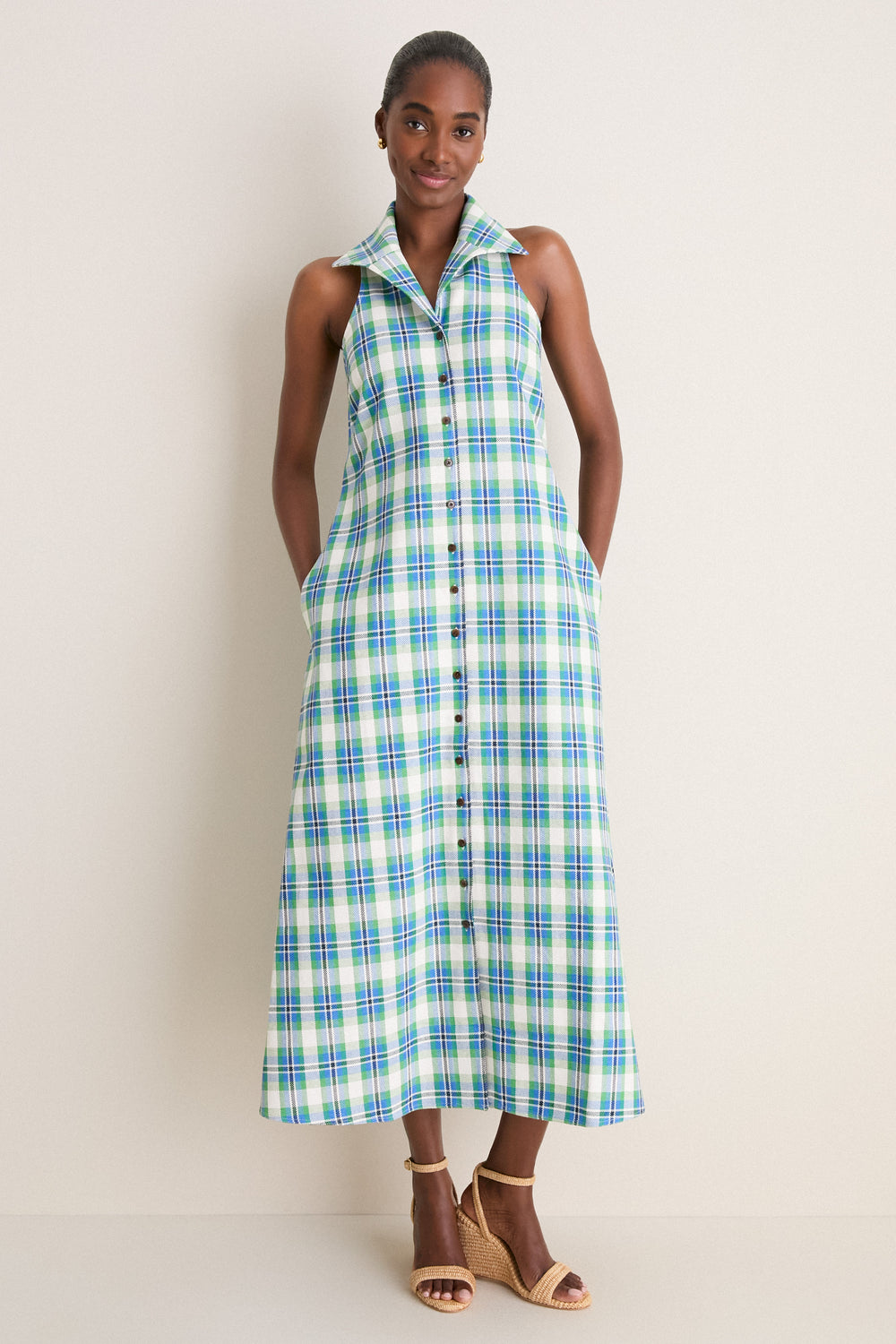 Take It or Sleeveless Dress in Patio Plaid Woven Cotton Blue/Green / 6