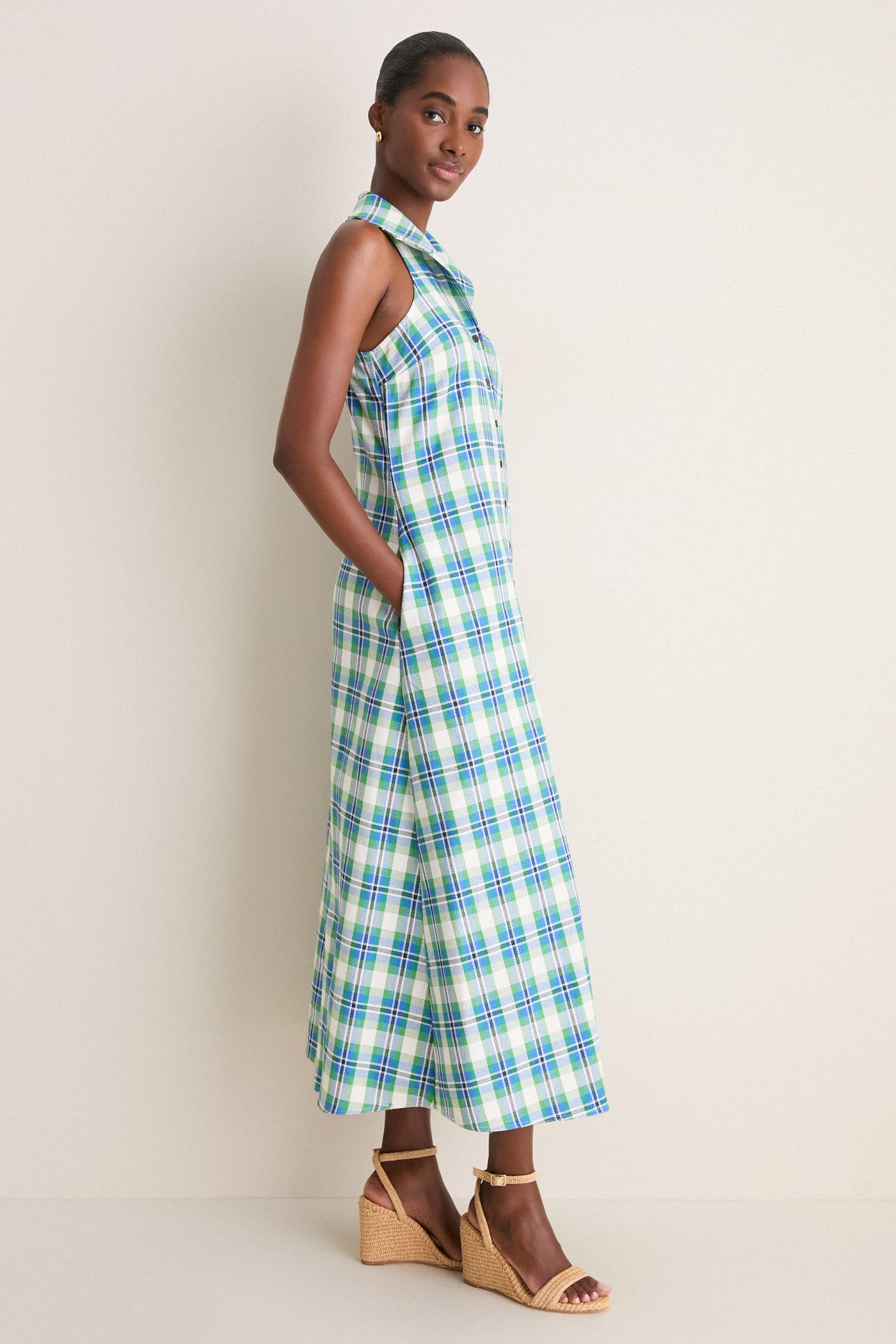 Take It or Sleeveless Dress in Patio Plaid Woven Cotton Blue/Green / 6