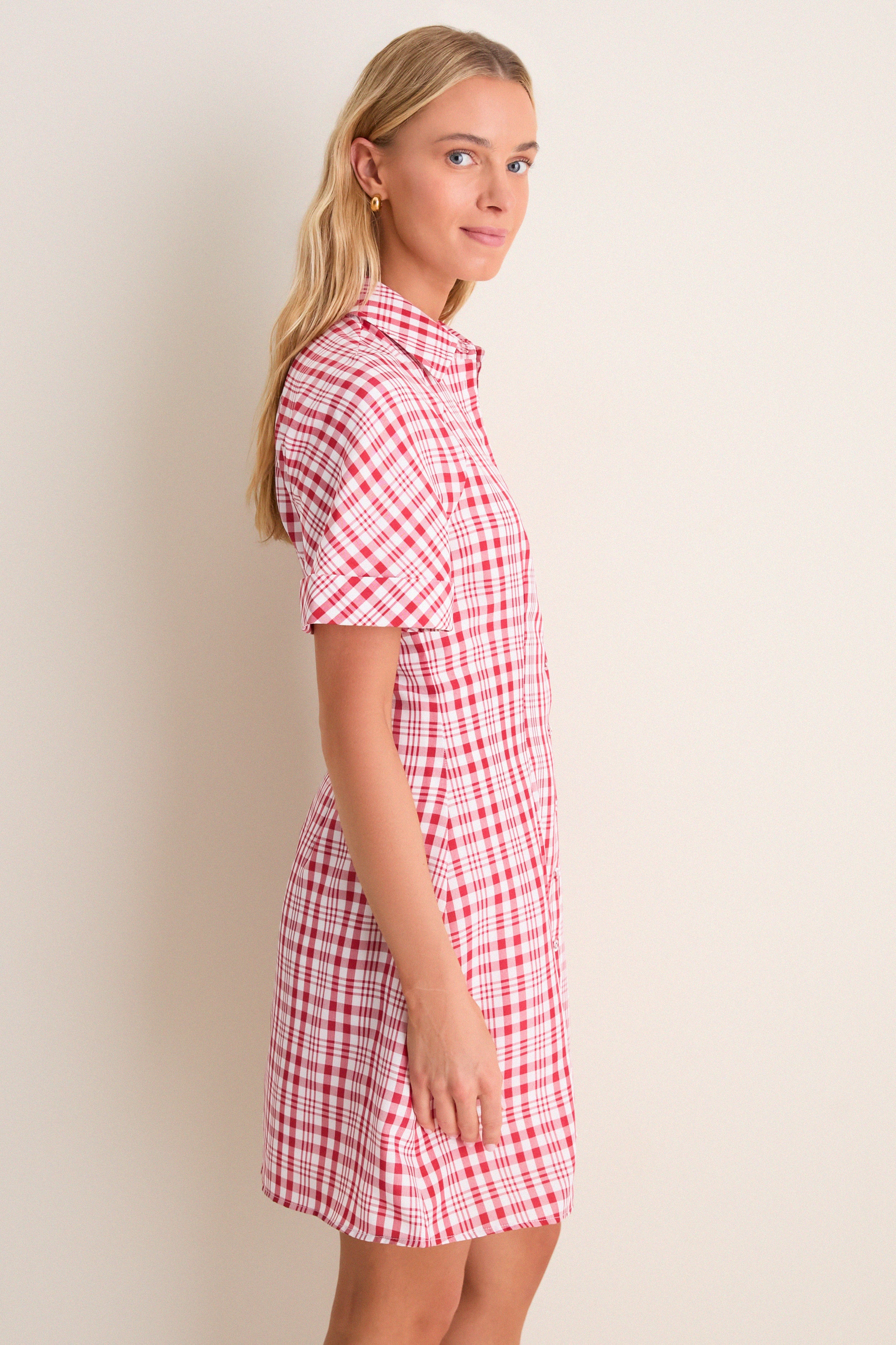 Red Plaid A-Line Mini Shirt Dress