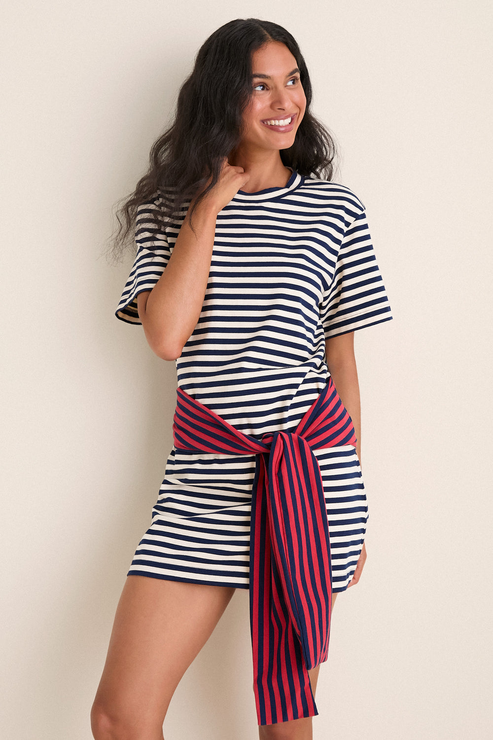 Navy Stripe Combo Lottie T-Shirt Mini Dress | SIMONMILLER Navy Stripe Combo Lottie T-Shirt Mini Dress | SIMONMILLER