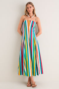 Vibrant Multi Stripe Astrid Poplin Midi Dress