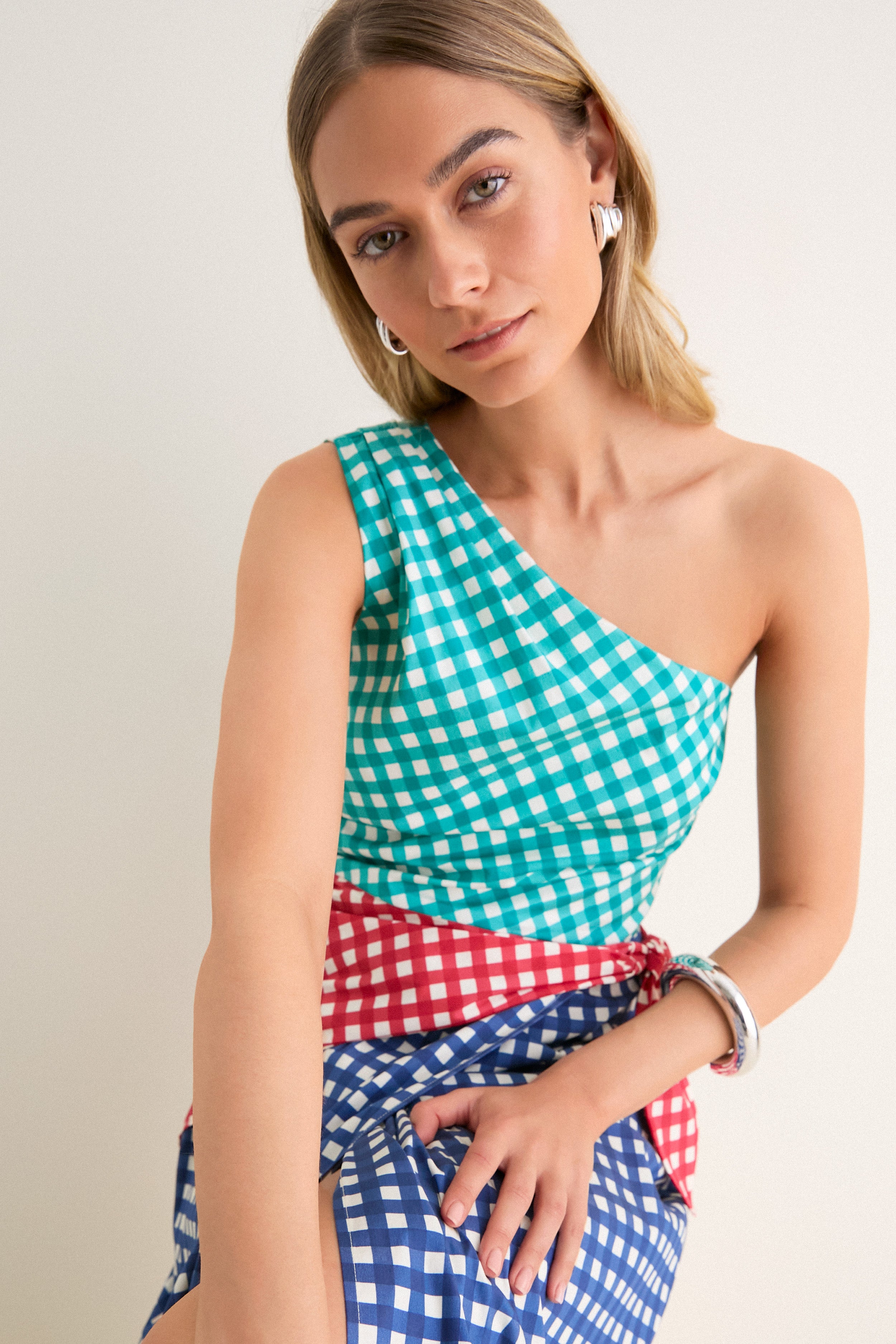 Teal Gingham Multi Belem Poplin Midi Dress