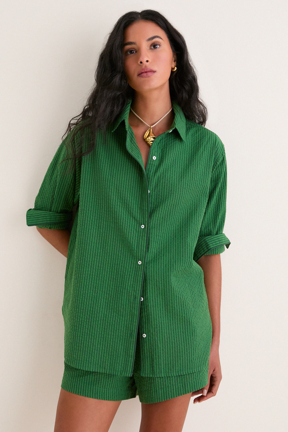 Tonal Green Stripe Seersucker Nadine Button Down