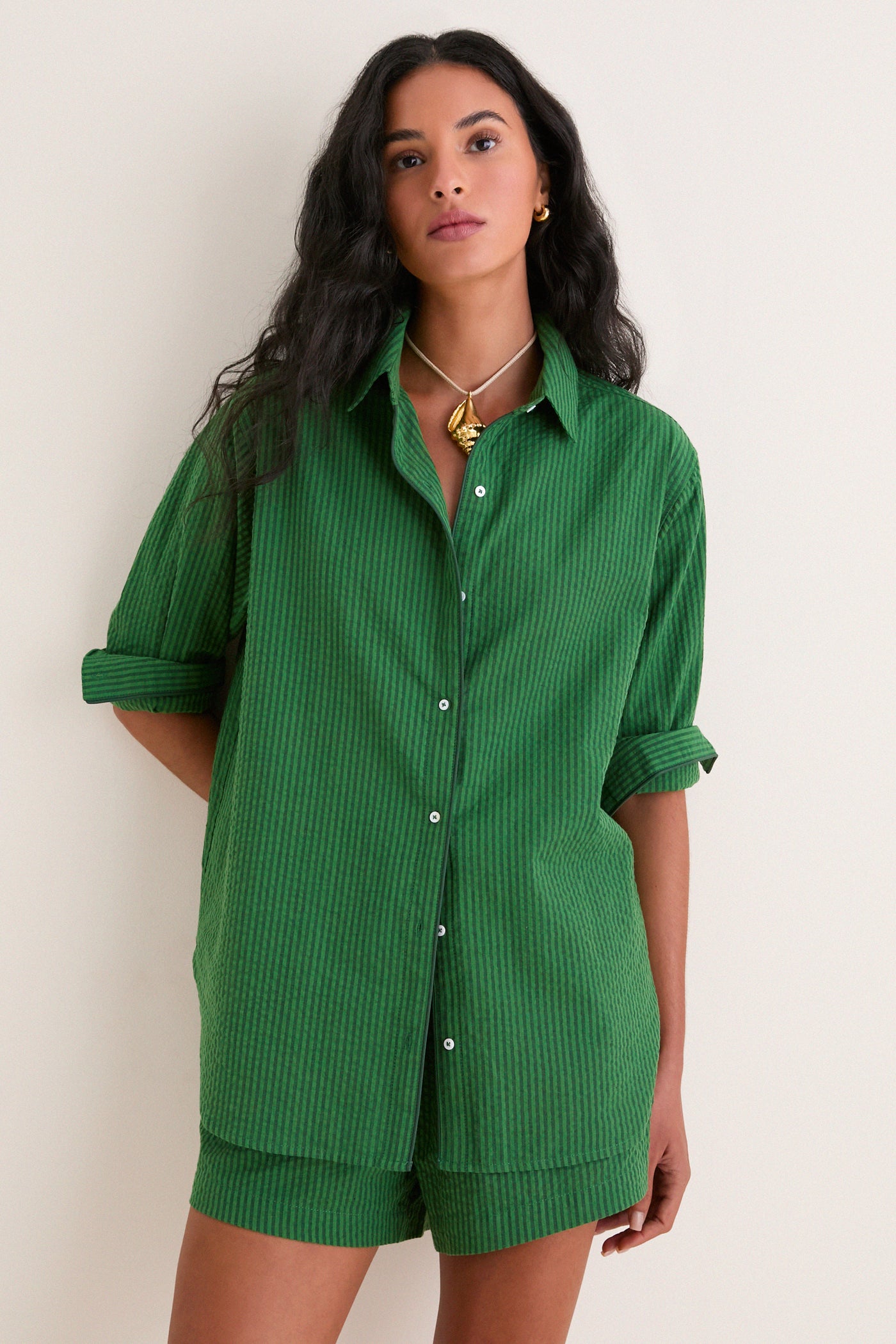 Tonal Green Stripe Seersucker Nadine Button Down