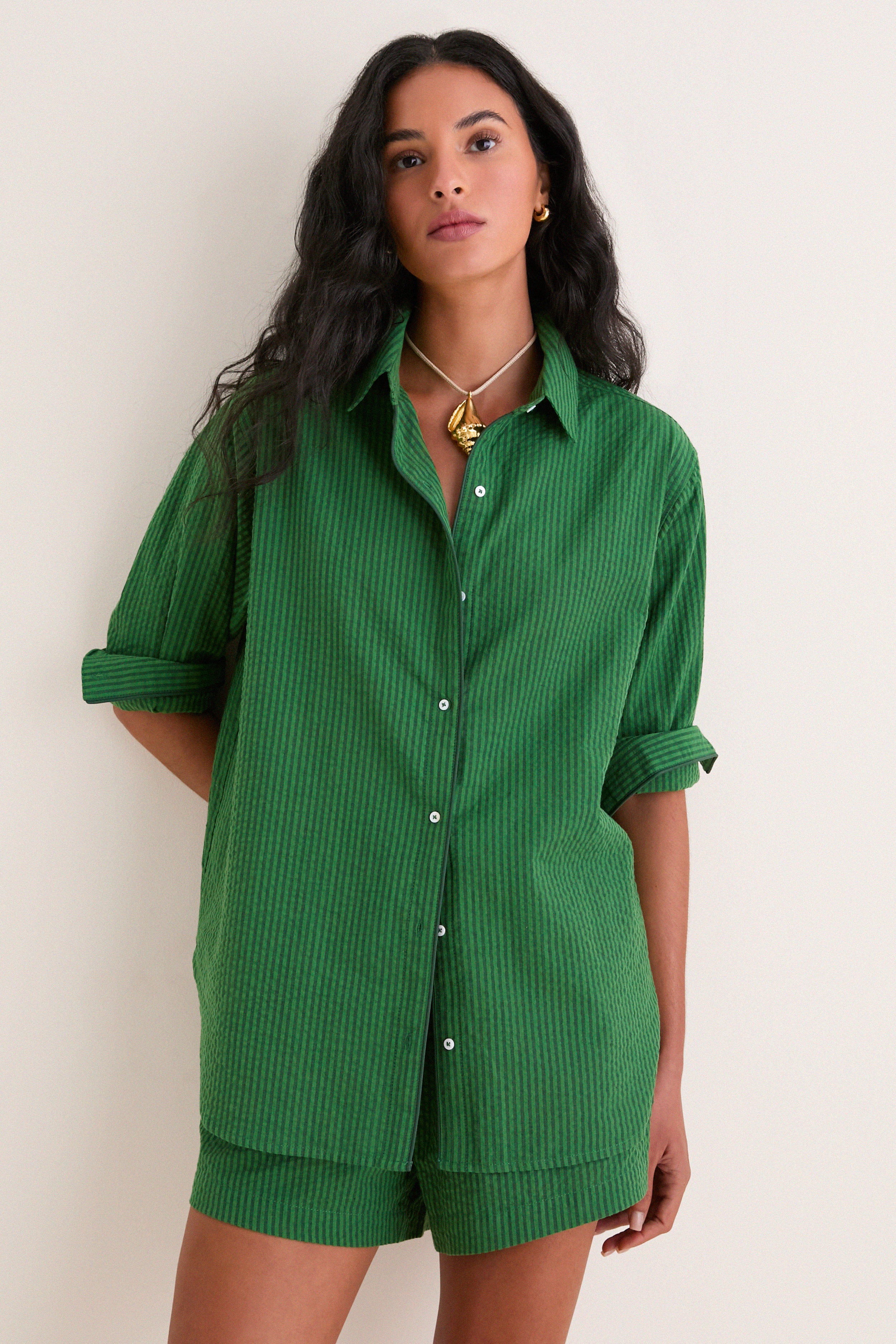Tonal Green Stripe Seersucker Nadine Button Down