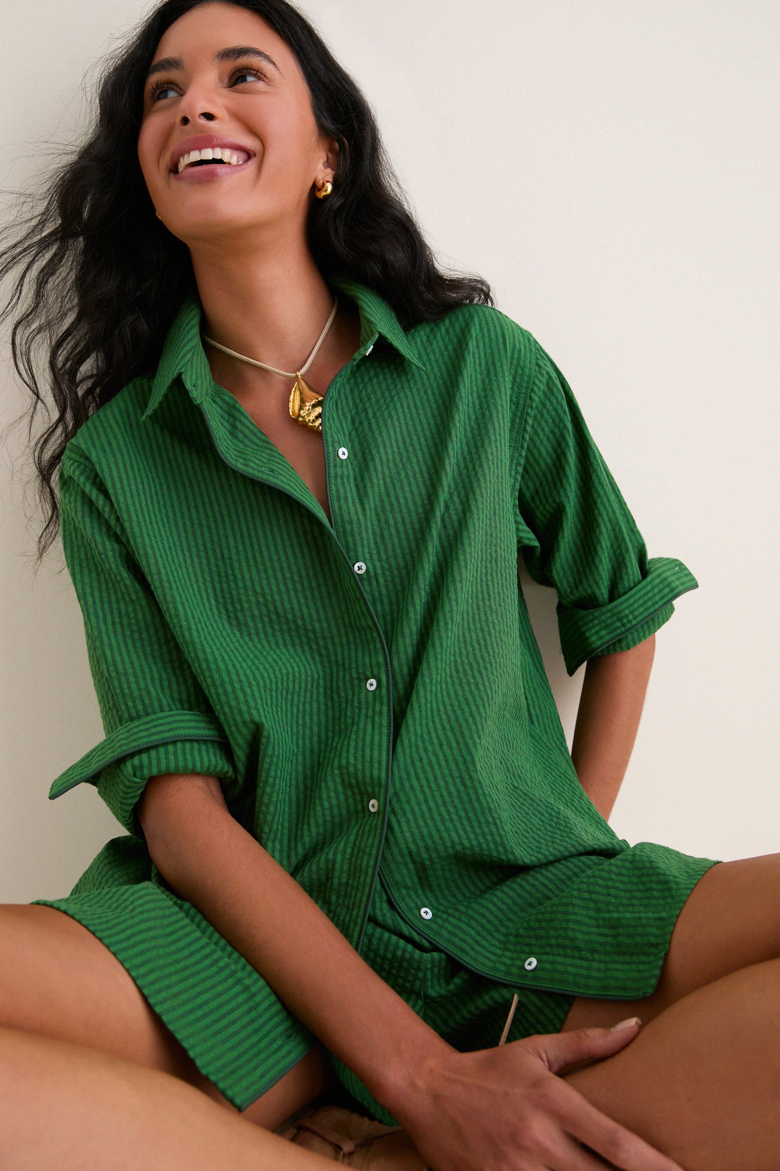 Tonal Green Stripe Seersucker Nadine Button Down