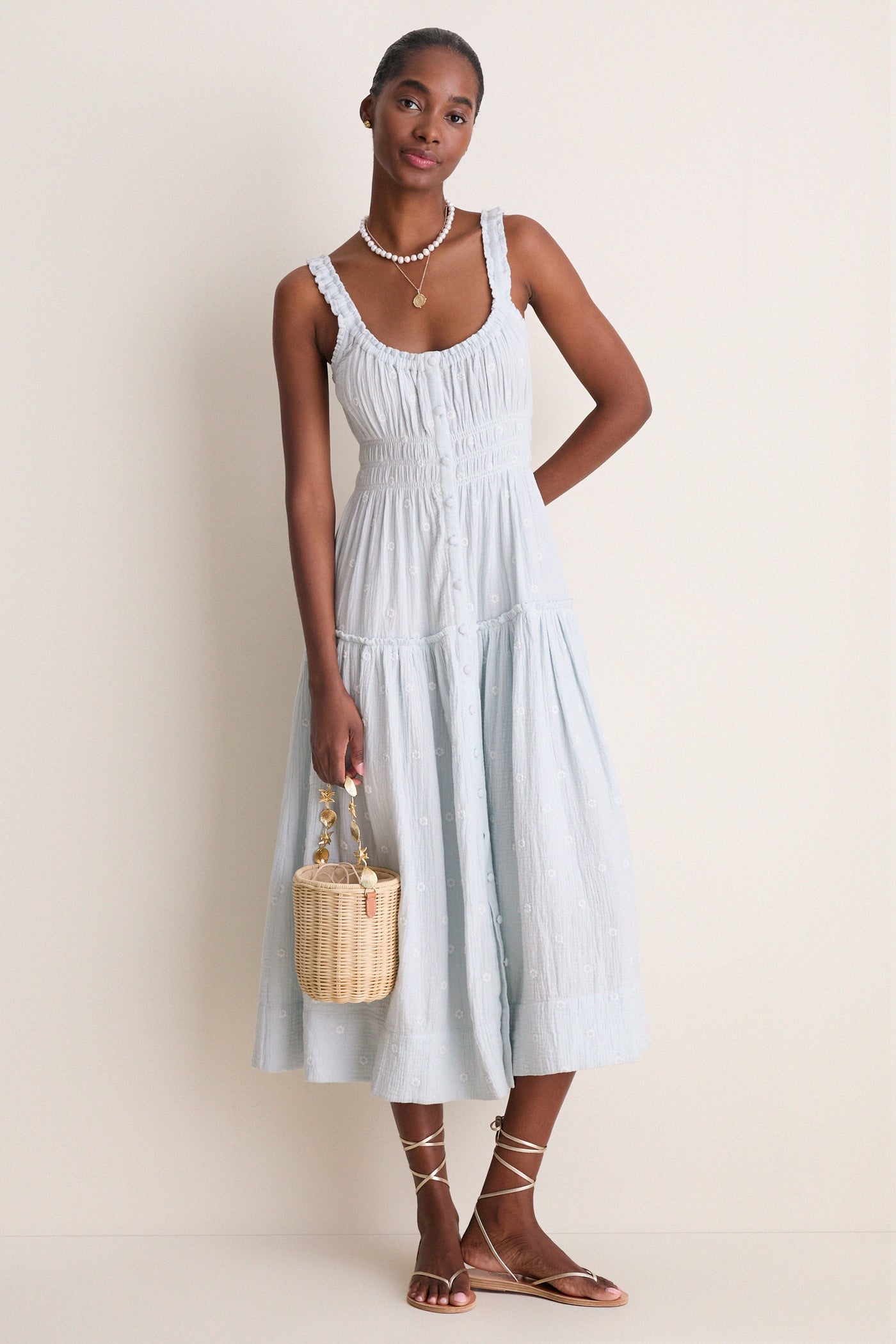 gauze summer dresses Blue Gauze Daisy Embroidered Landis Midi Dress