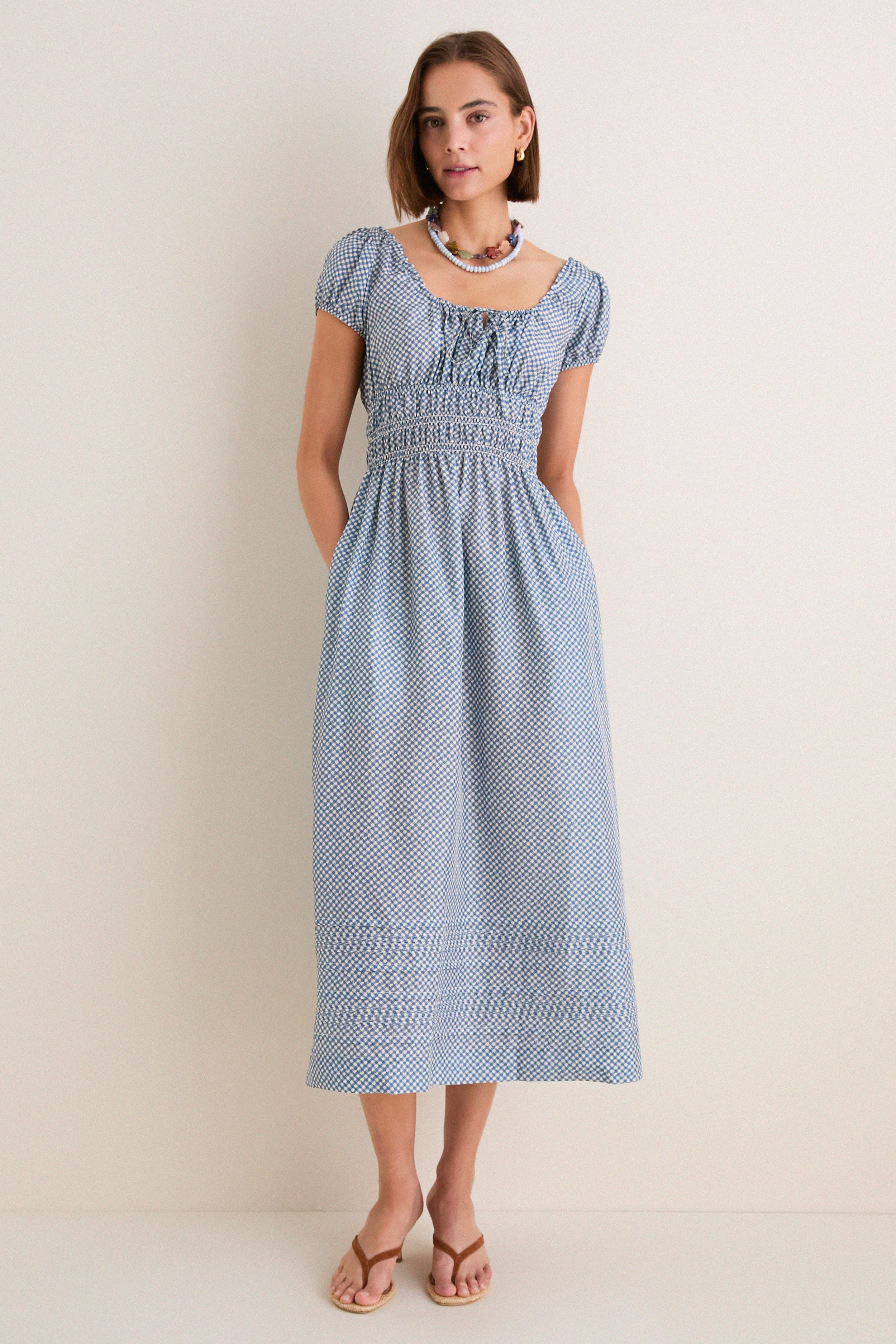 lucie elbow sleeve smocked midi dress in gingham Ciao Lucia Aladine Gingham / XS Floral Corset Clear Sequin length puff sleeves G-string Style:Add fishnet G-string ($3.99) colour: multi-floral-pleated-sleeve-midi-dress
