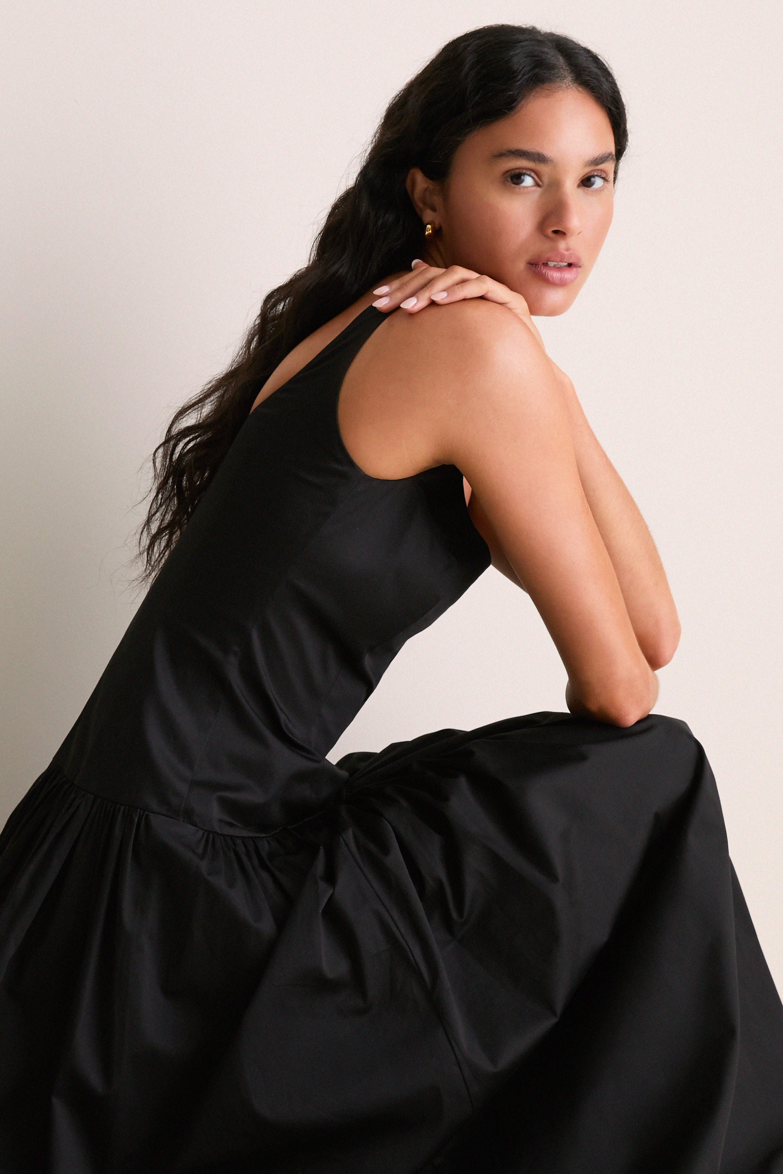 Black Cotton Sateen Dominique Maxi Dress