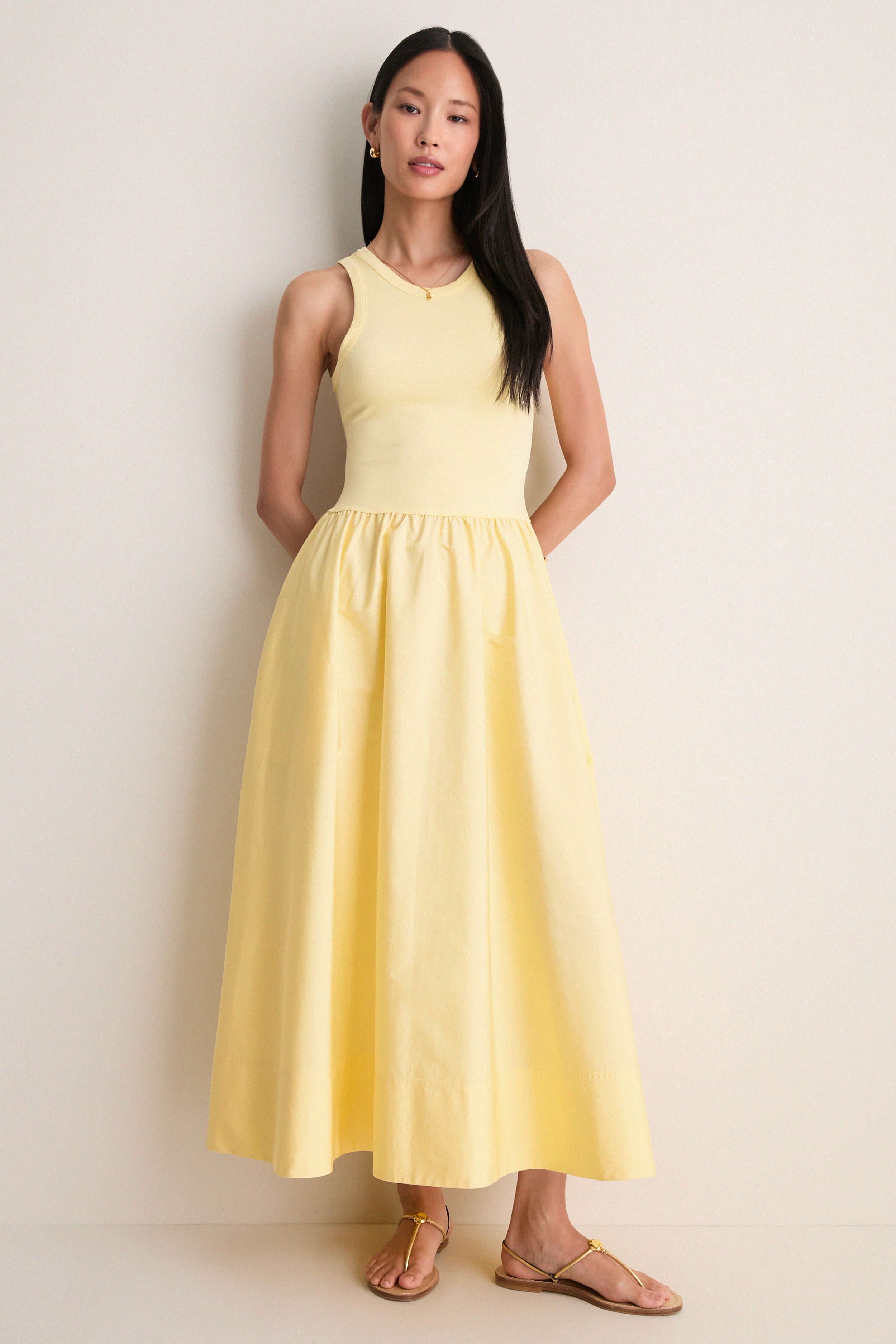 T Bird Yellow Poplin Woven Crewneck Dress