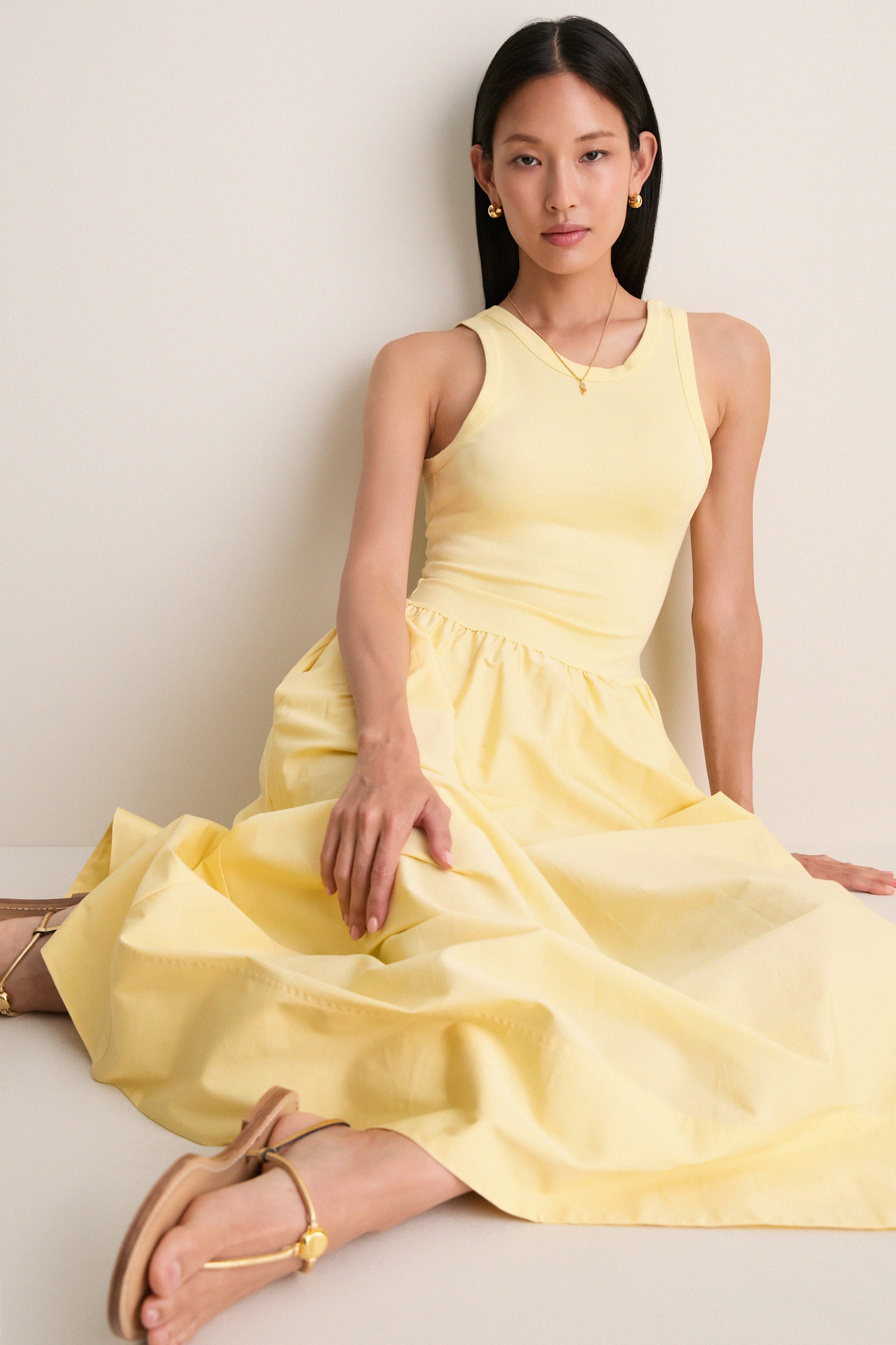T Bird Yellow Poplin Woven Crewneck Dress