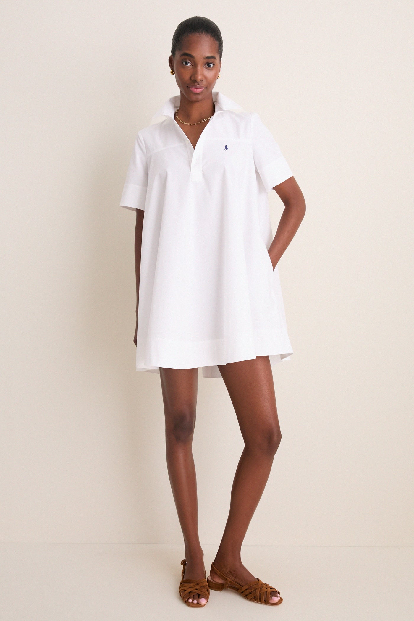 White Poplin Woven Collared Babydoll Dress