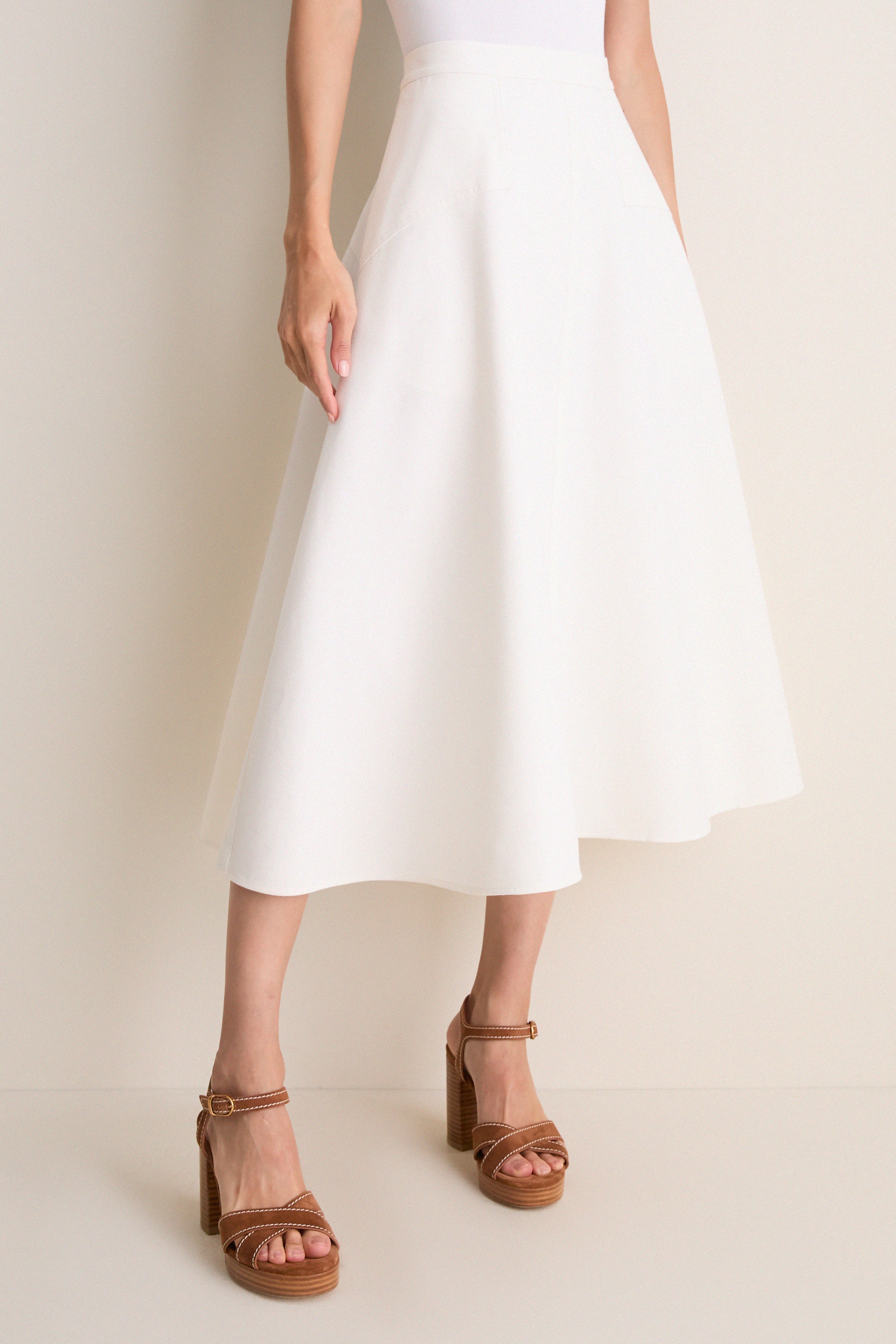 Cream Cotton Blend Woven Midi Circle Skirt
