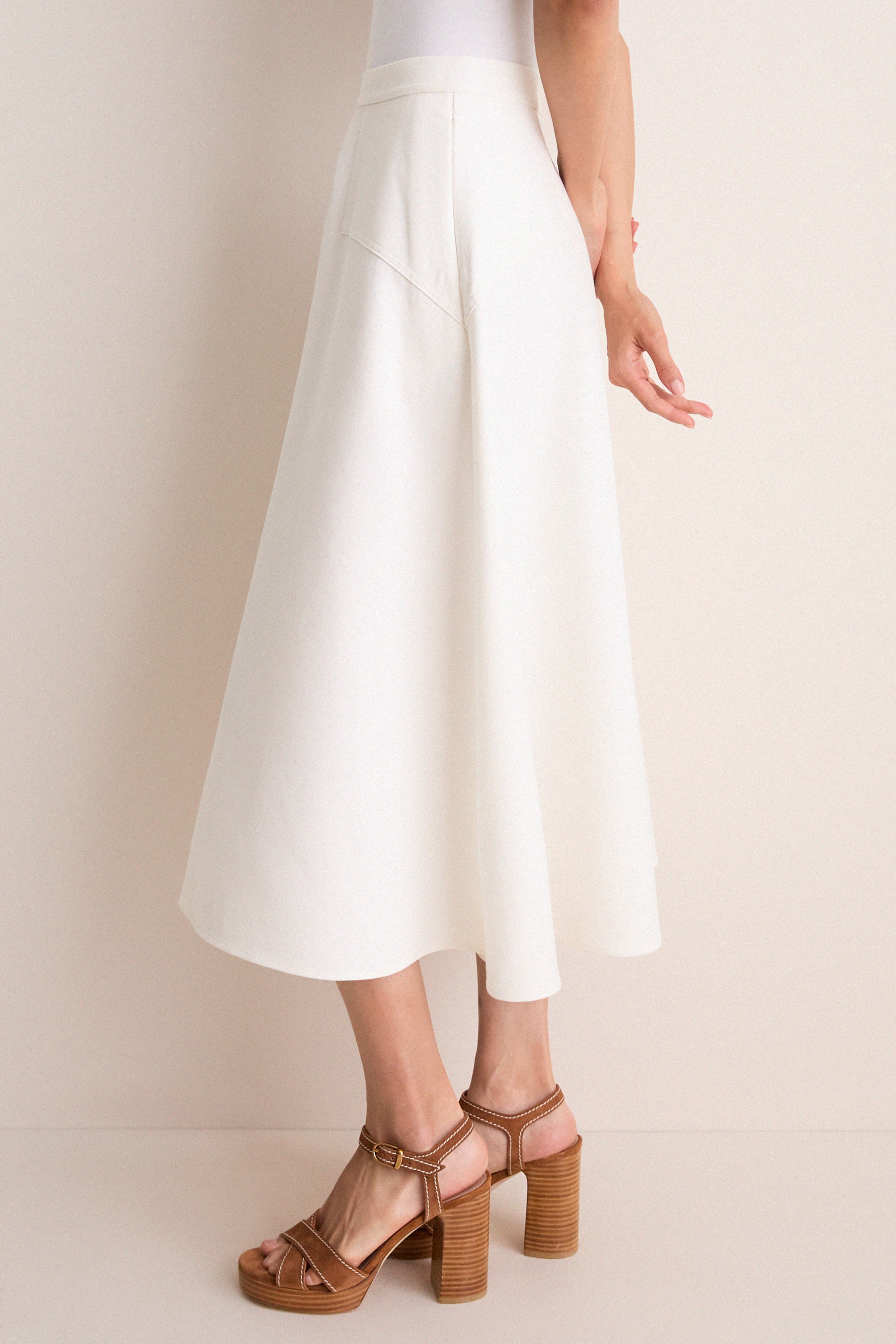 Cream Cotton Blend Woven Midi Circle Skirt
