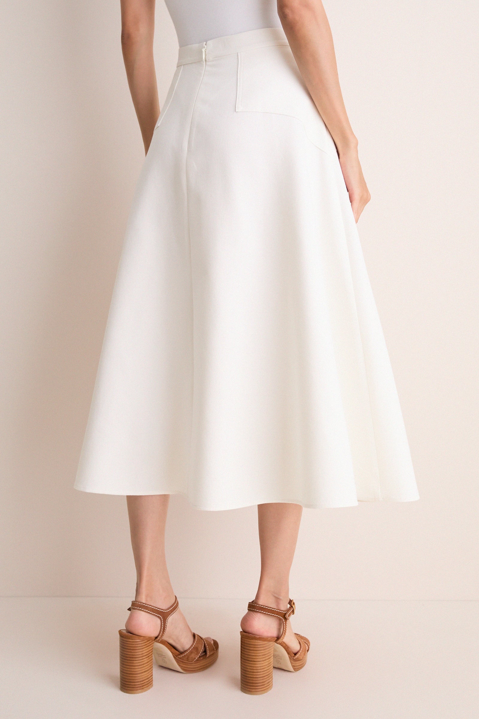 Cream Cotton Blend Woven Midi Circle Skirt