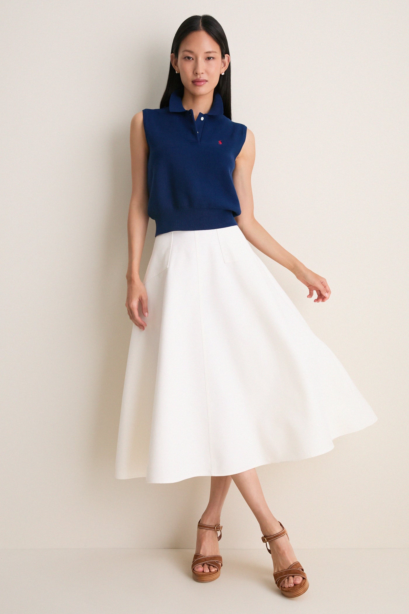 Cream Cotton Blend Woven Midi Circle Skirt