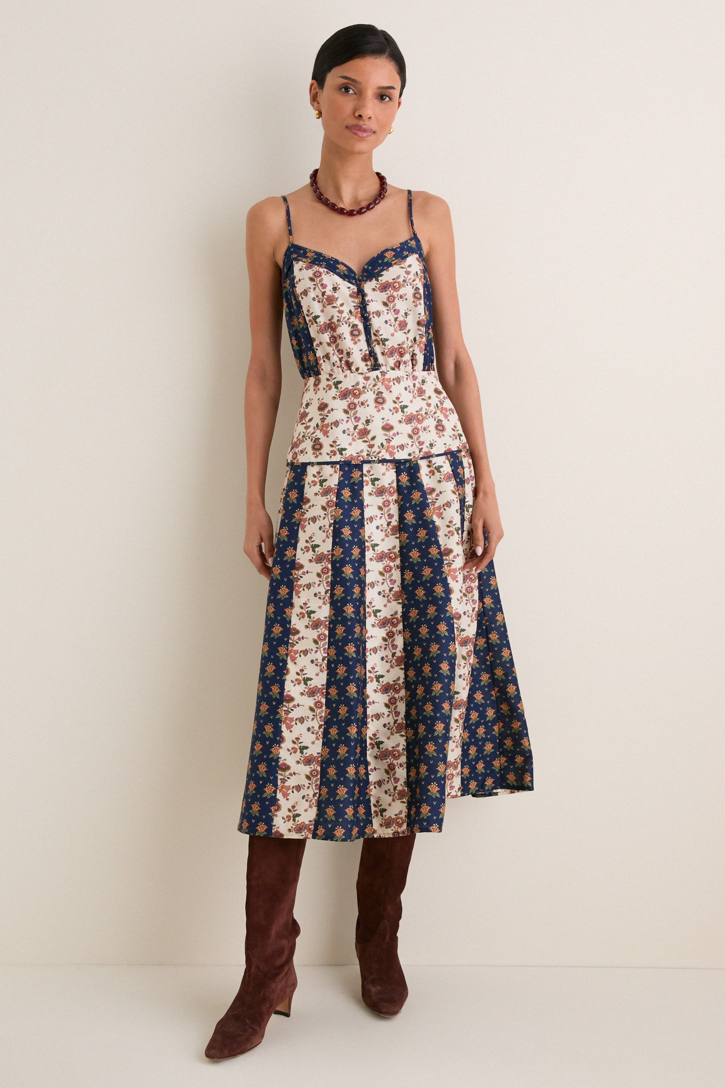 Floral Cotton Silk Woven V-Neck Midi Dress