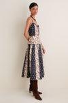 Floral Cotton Silk Woven V-Neck Midi Dress