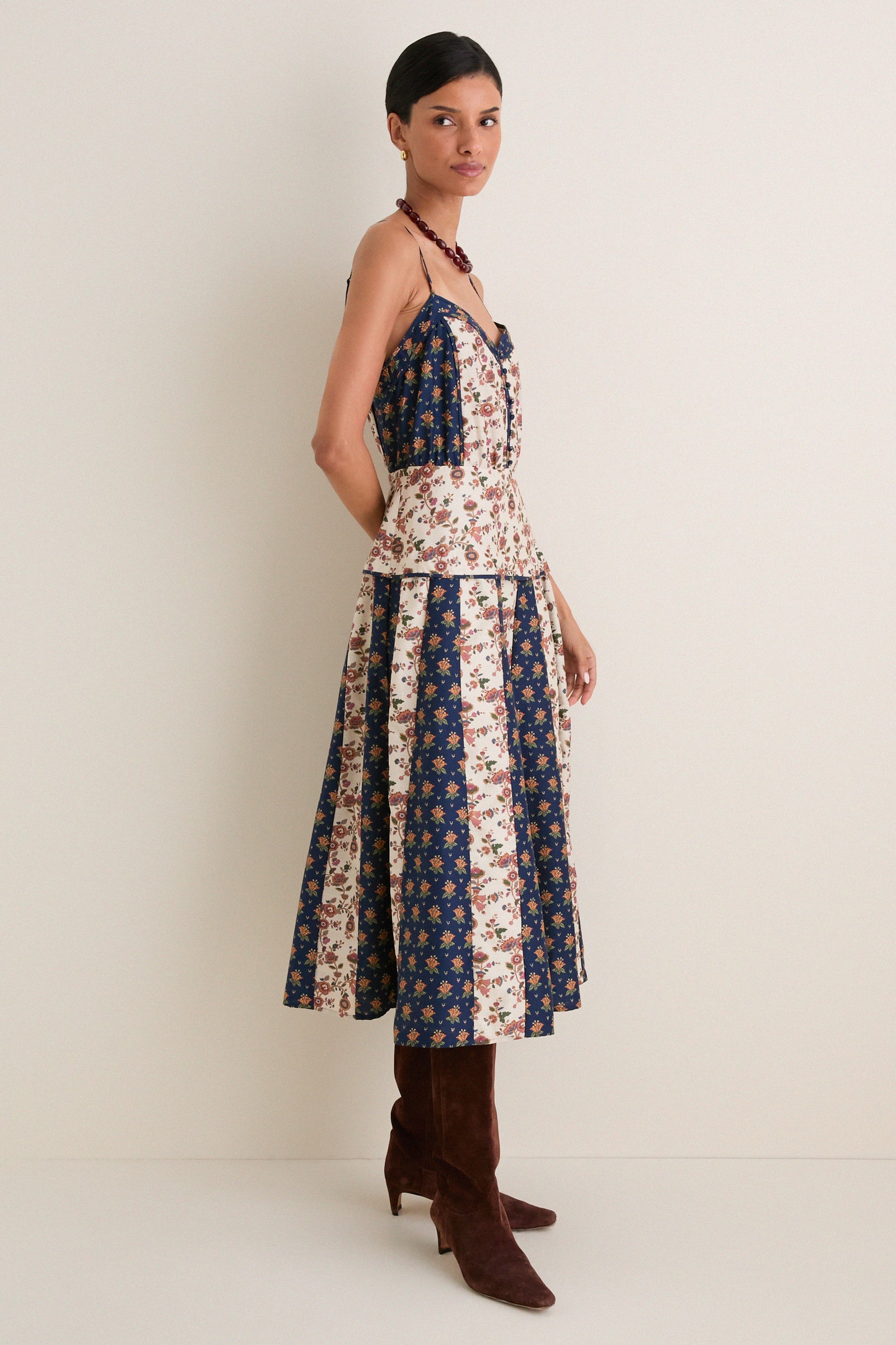 Floral Cotton Silk Woven V-Neck Midi Dress