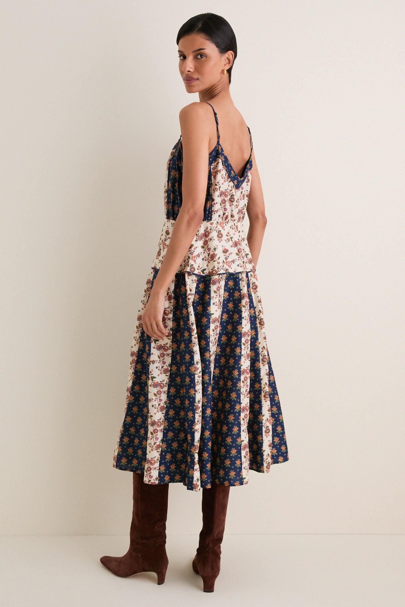 Floral Cotton Silk Woven V-Neck Midi Dress