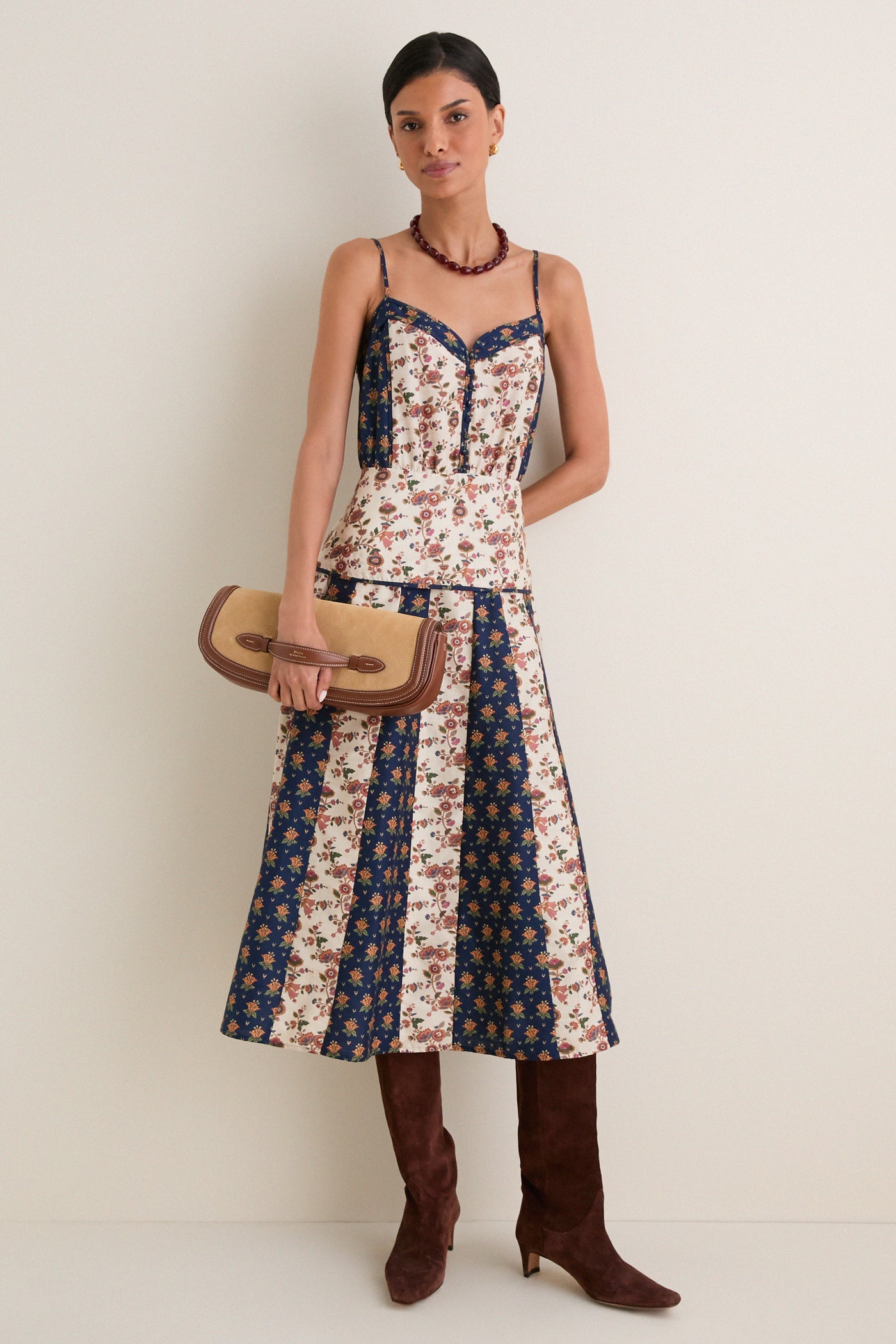 Floral Cotton Silk Woven V-Neck Midi Dress