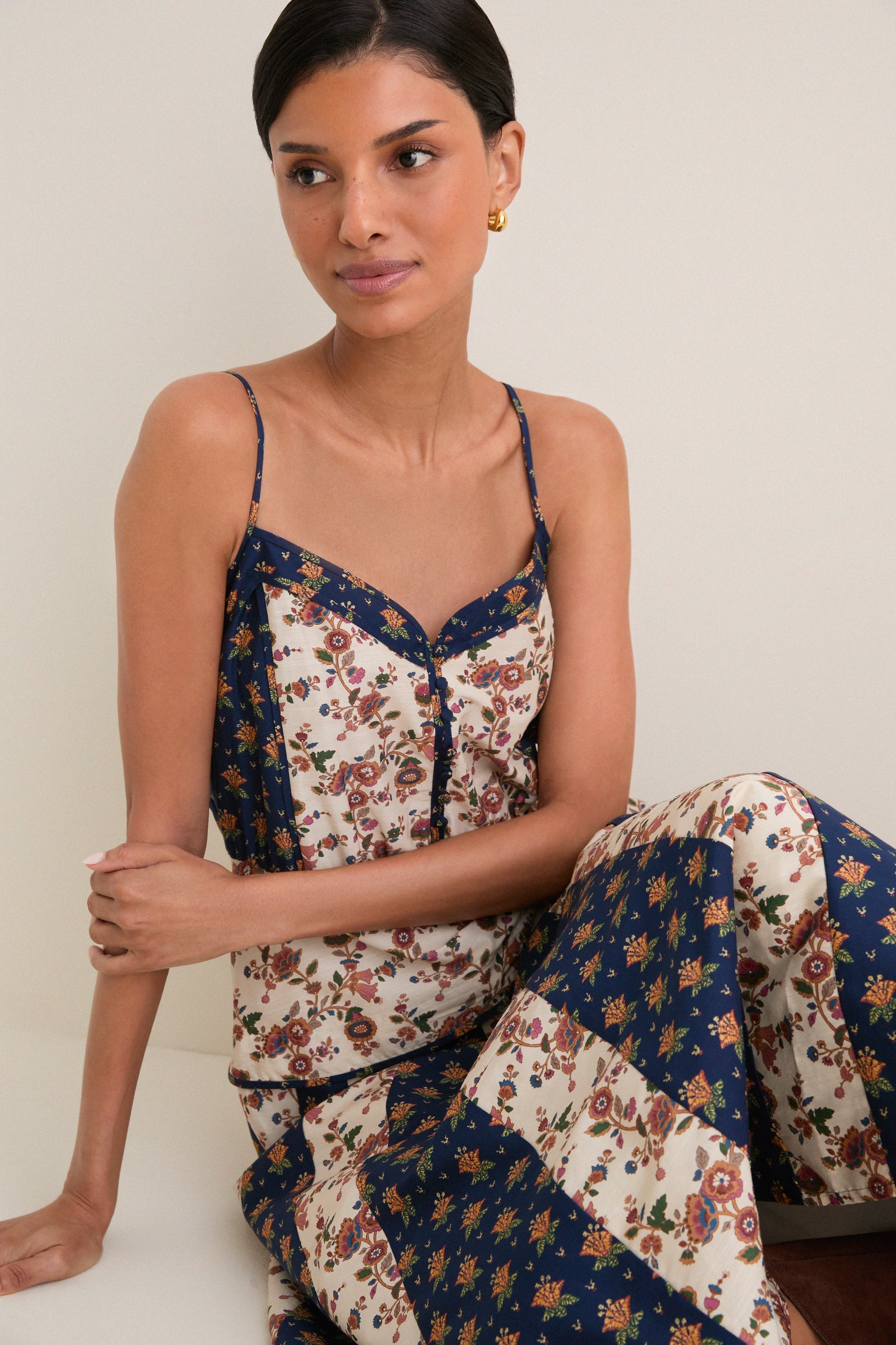 Floral Cotton Silk Woven V-Neck Midi Dress