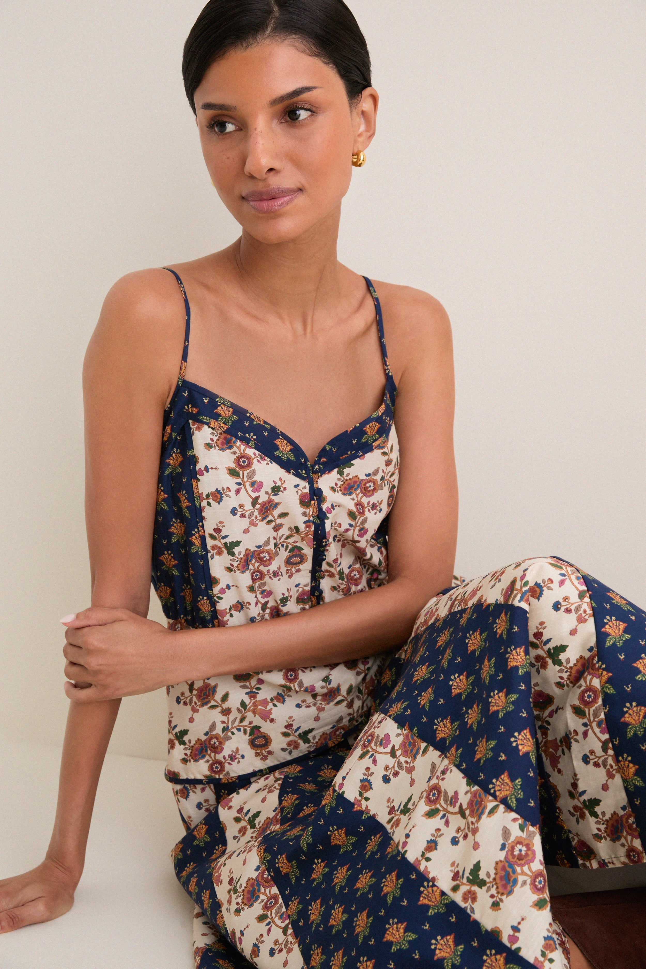 Floral Cotton Silk Woven V-Neck Midi Dress