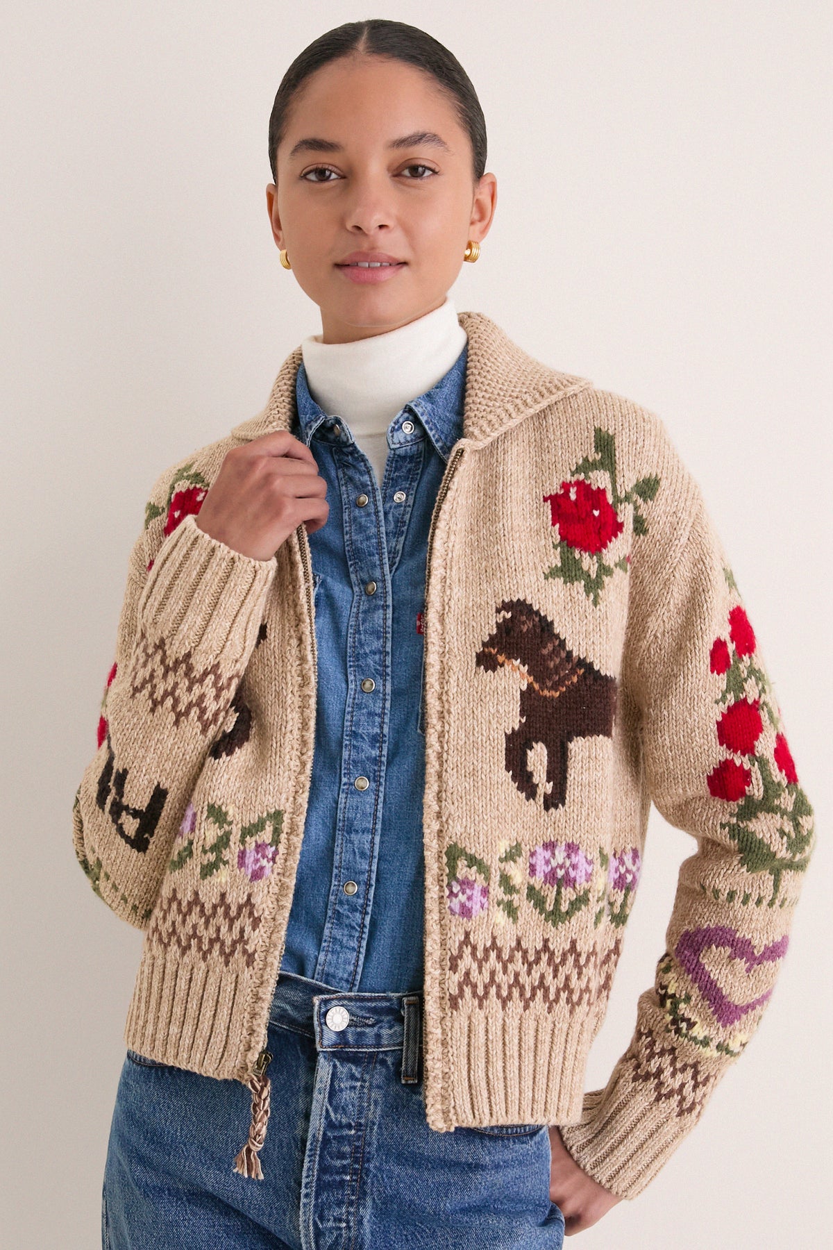 Tan Multi Cotton Wool Blend Long Sleeve Zip Cardigan
