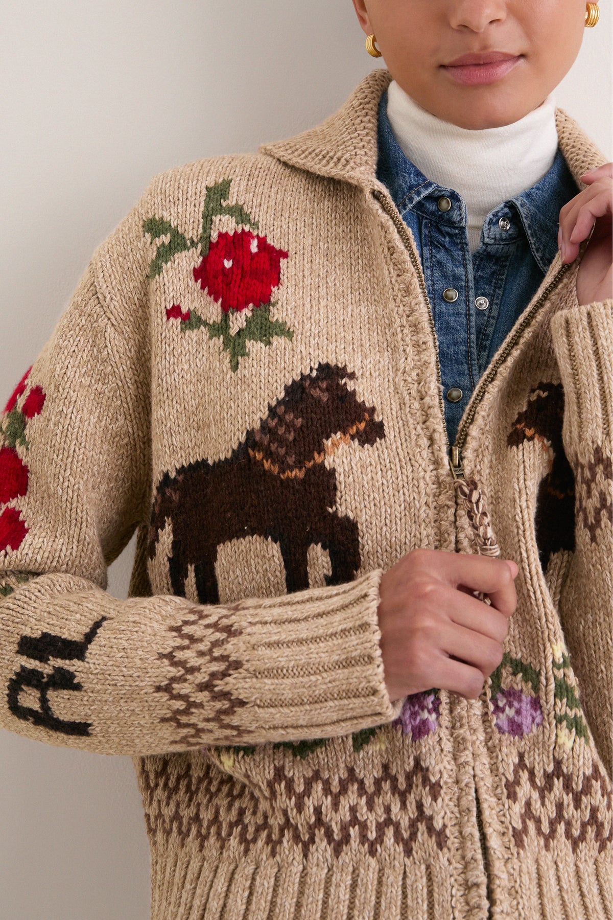 Tan Multi Cotton Wool Blend Long Sleeve Zip Cardigan