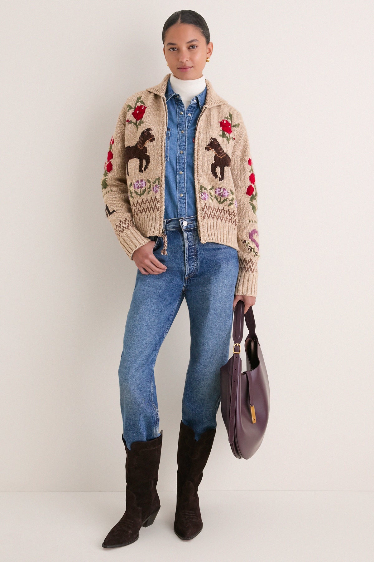 Tan Multi Cotton Wool Blend Long Sleeve Zip Cardigan