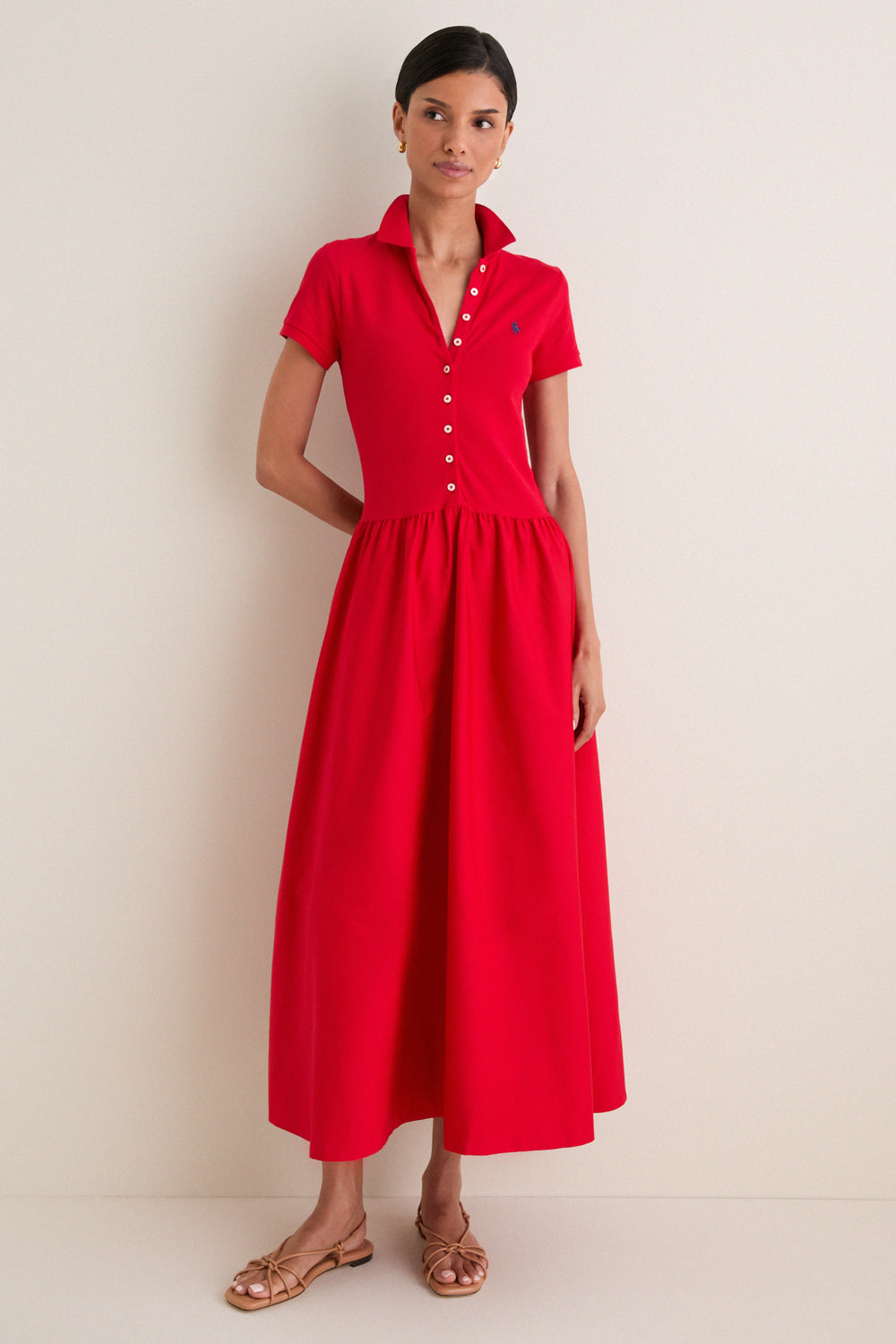 Very Red Poplin Woven Collared Short Sleeve Dress