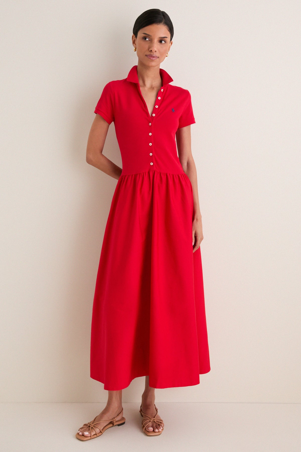 Very Red Poplin Woven Collared Short Sleeve Dress