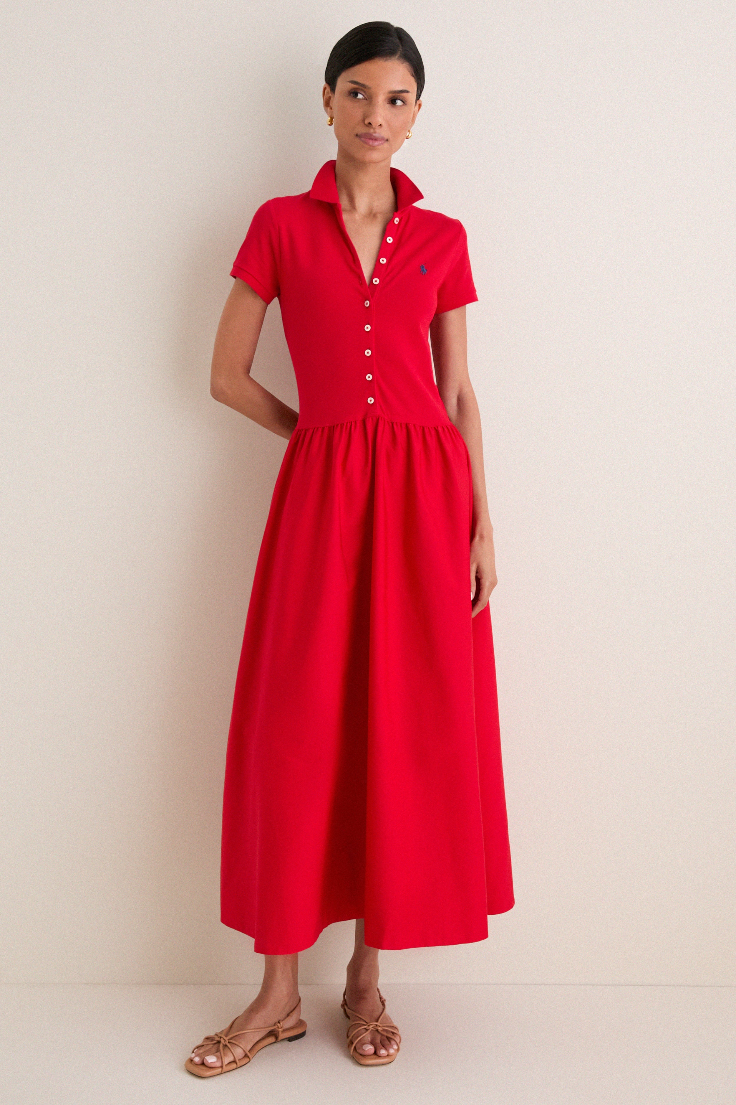 Very Red Poplin Woven Collared Short Sleeve Dress