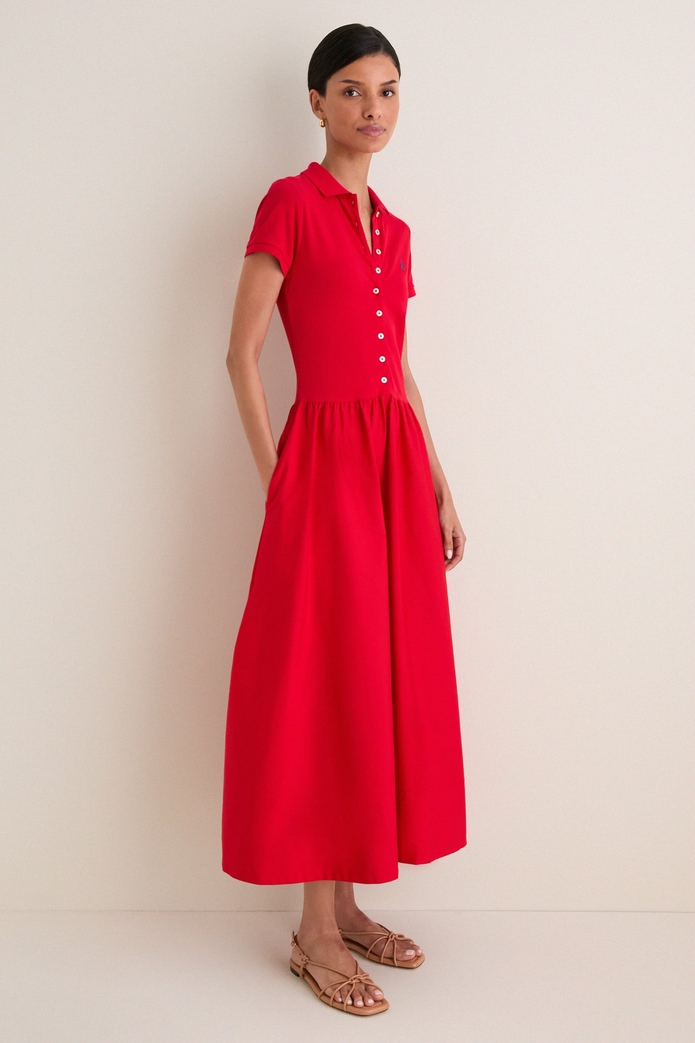 Very Red Poplin Woven Collared Short Sleeve Dress
