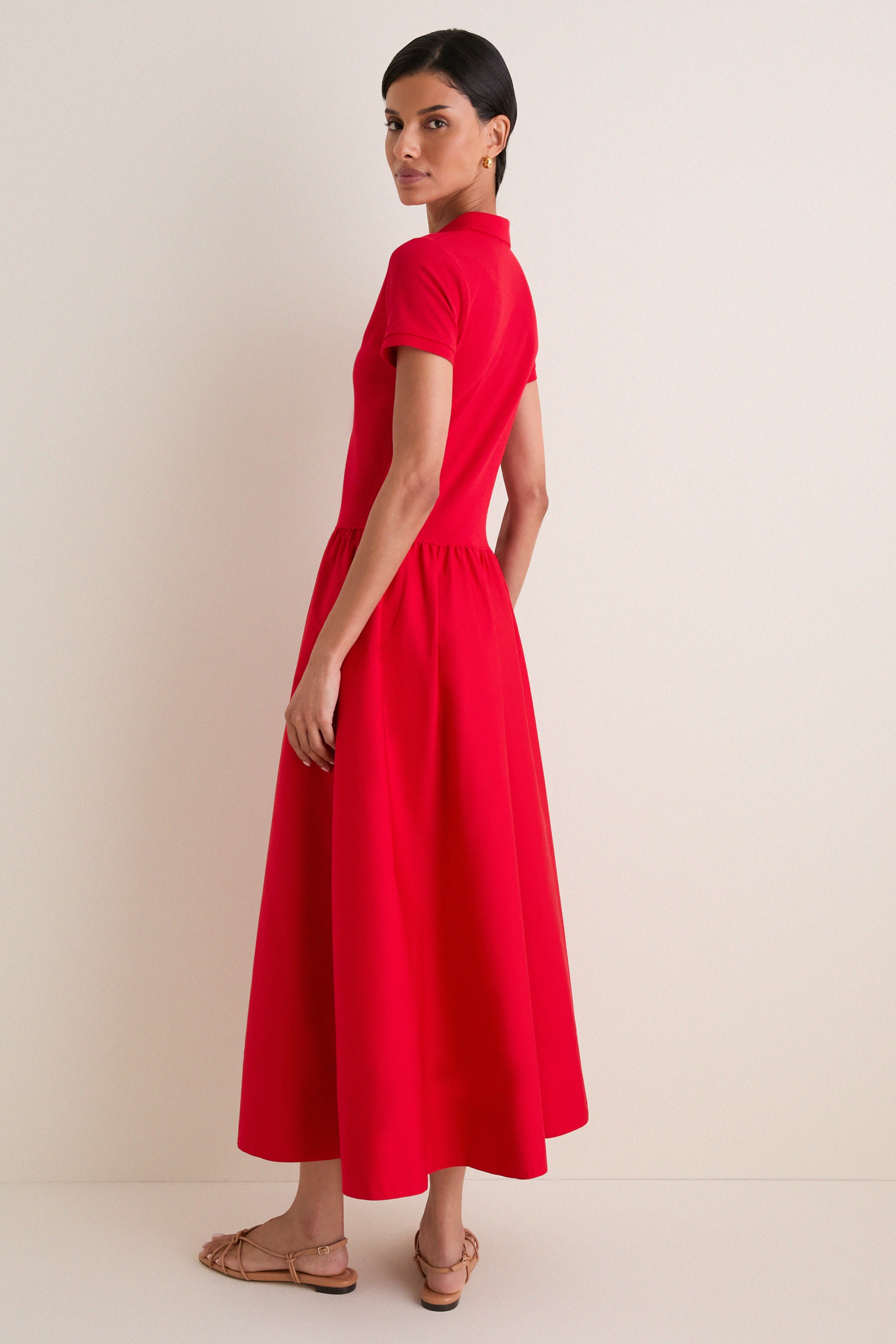Very Red Poplin Woven Collared Short Sleeve Dress