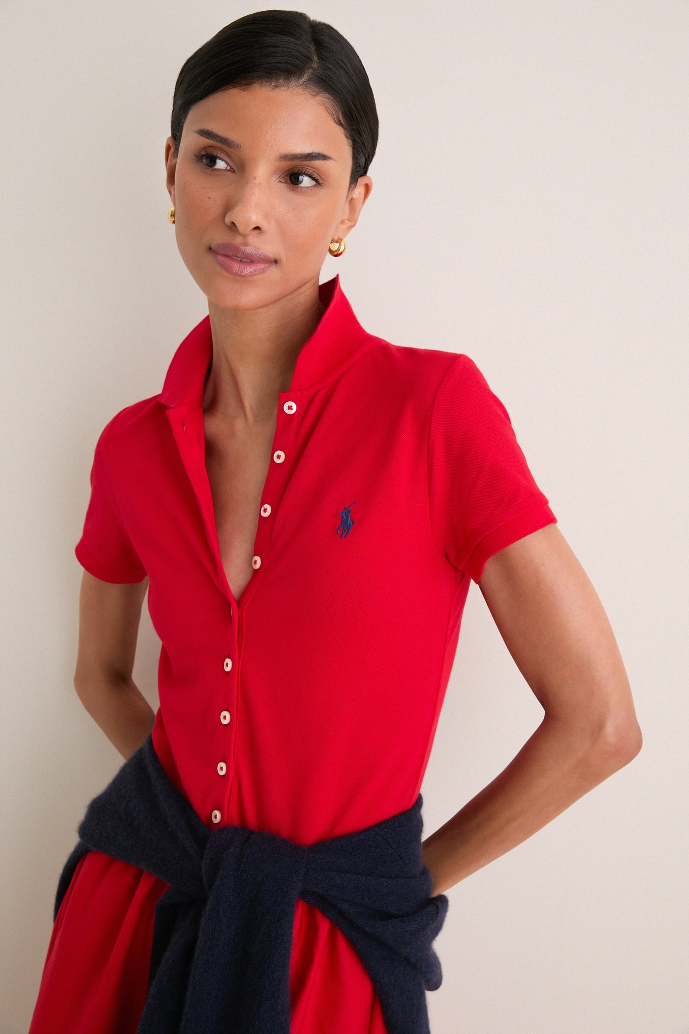 Very Red Poplin Woven Collared Short Sleeve Dress