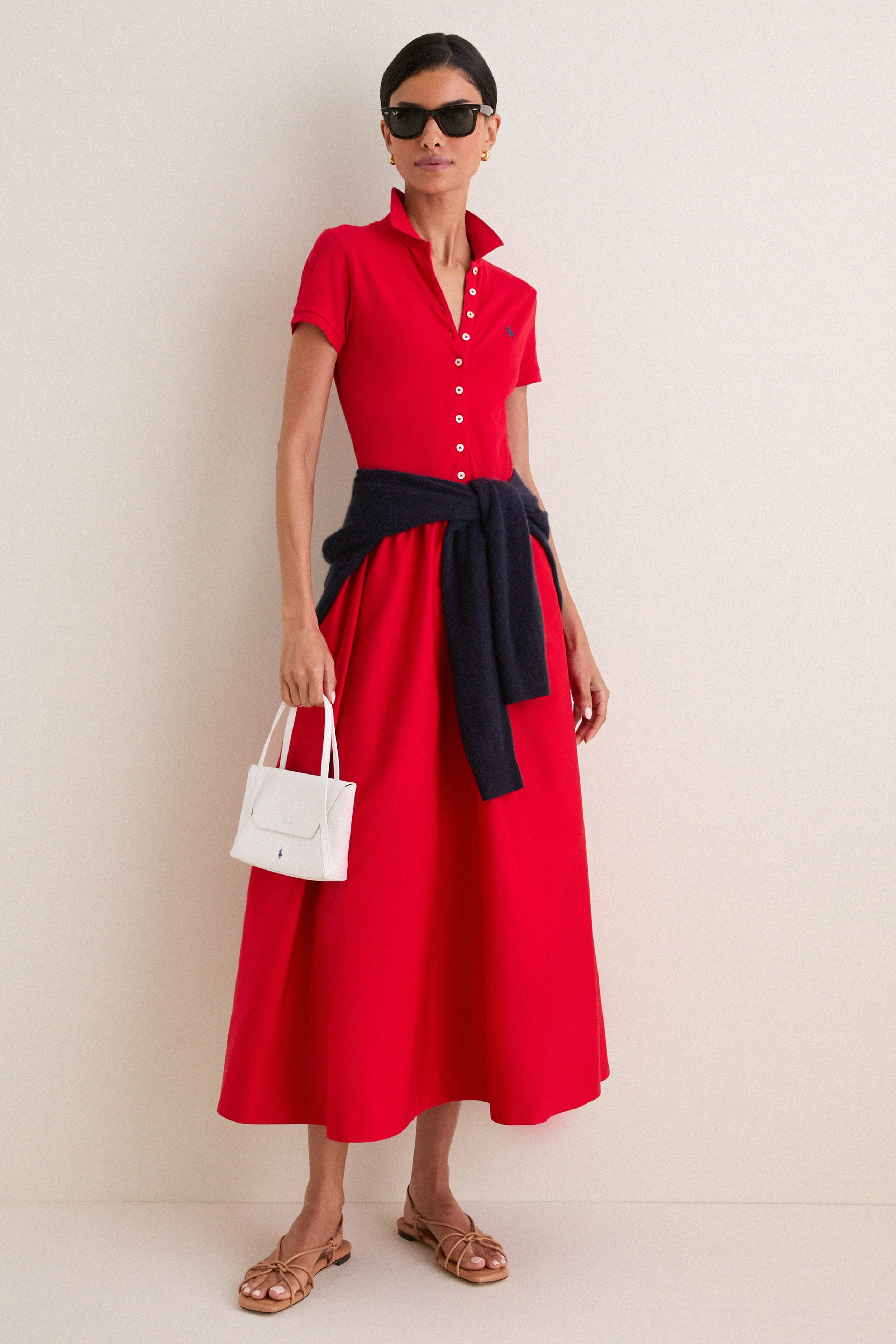 Very Red Poplin Woven Collared Short Sleeve Dress