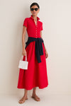 Very Red Poplin Woven Collared Short Sleeve Dress