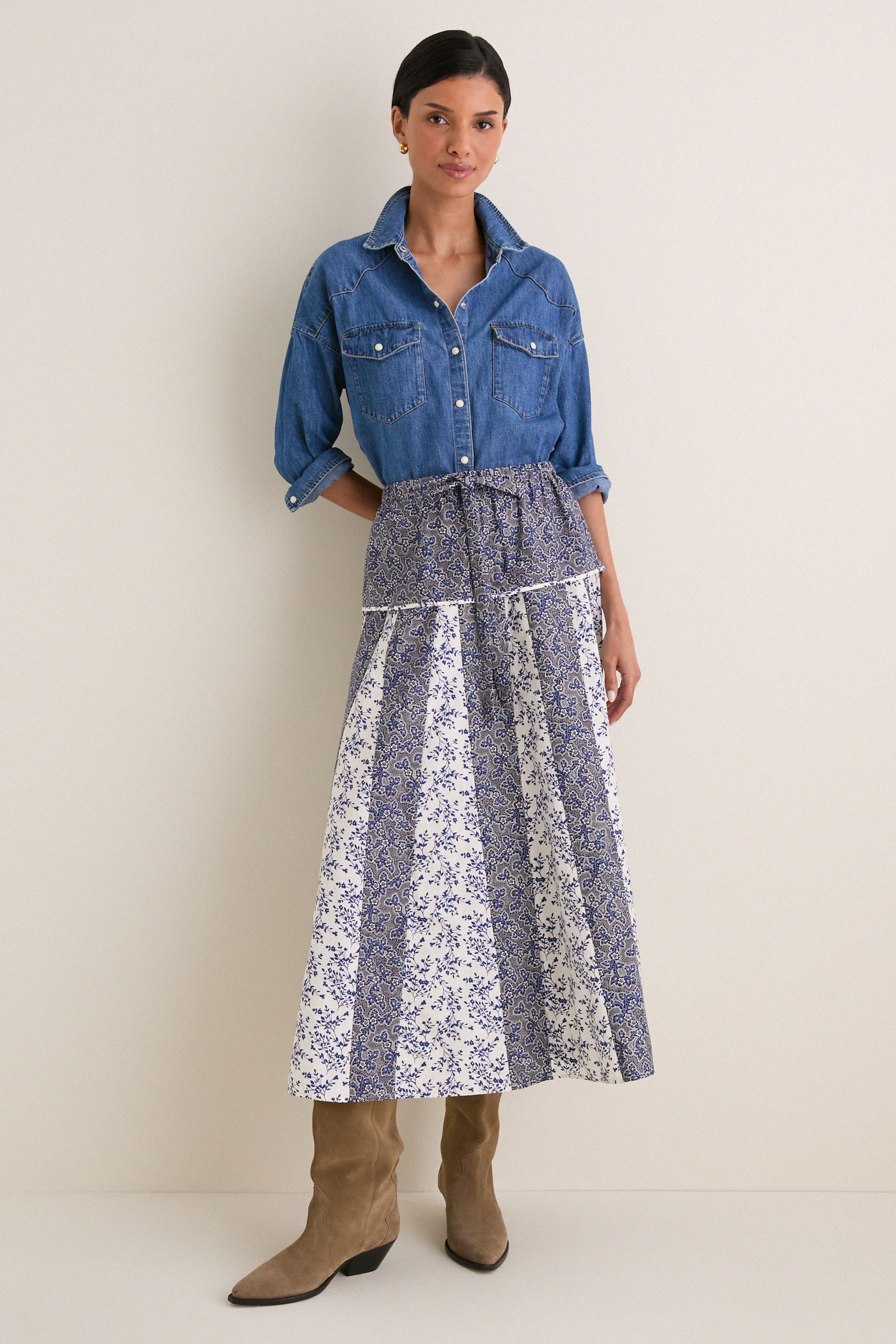 Blue Print Multi Woven A Line Midi Skirt