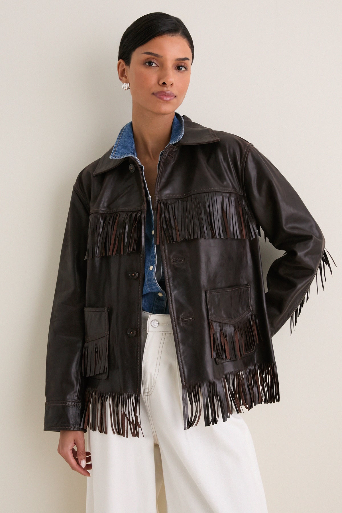 Dark Chocolate Cow Leather Fringe Jacket