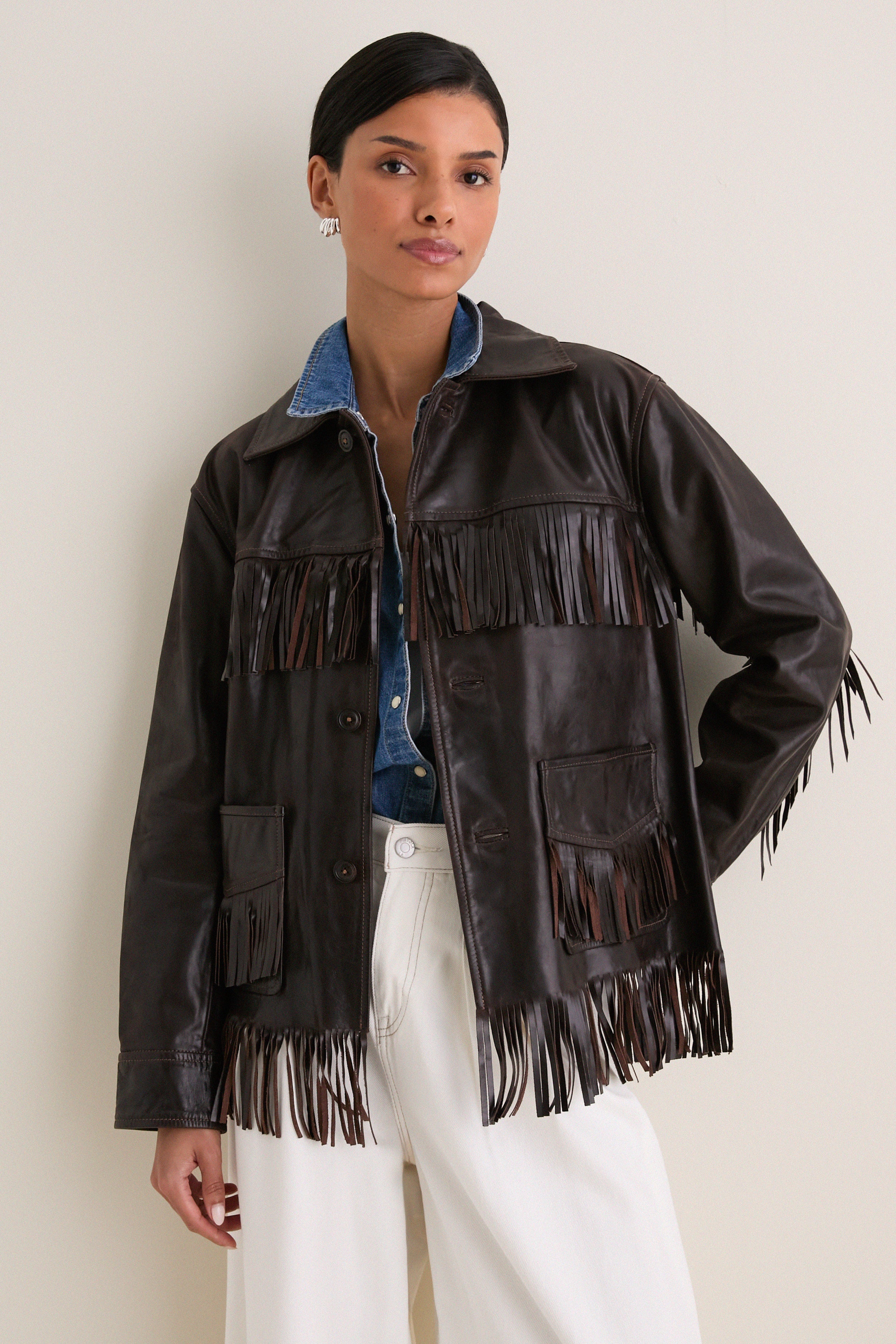 Dark Chocolate Cow Leather Fringe Jacket